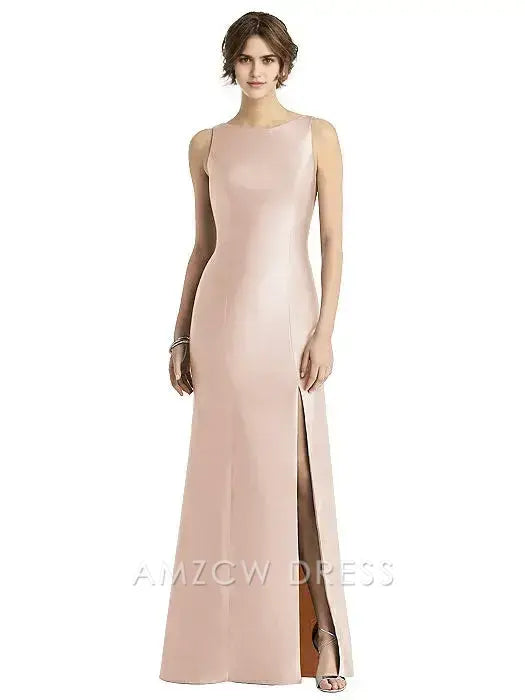 Amzcw Elegant Sleeveless High - Neck Satin Gown with Side Slit: Graceful Sophistication