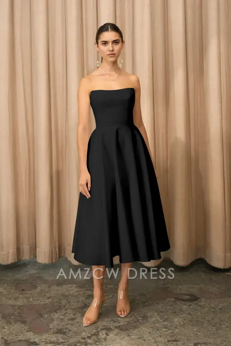 Amzcw Elegant Strapless A - Line Midi Dress: Timeless Chic for Evening Affairs