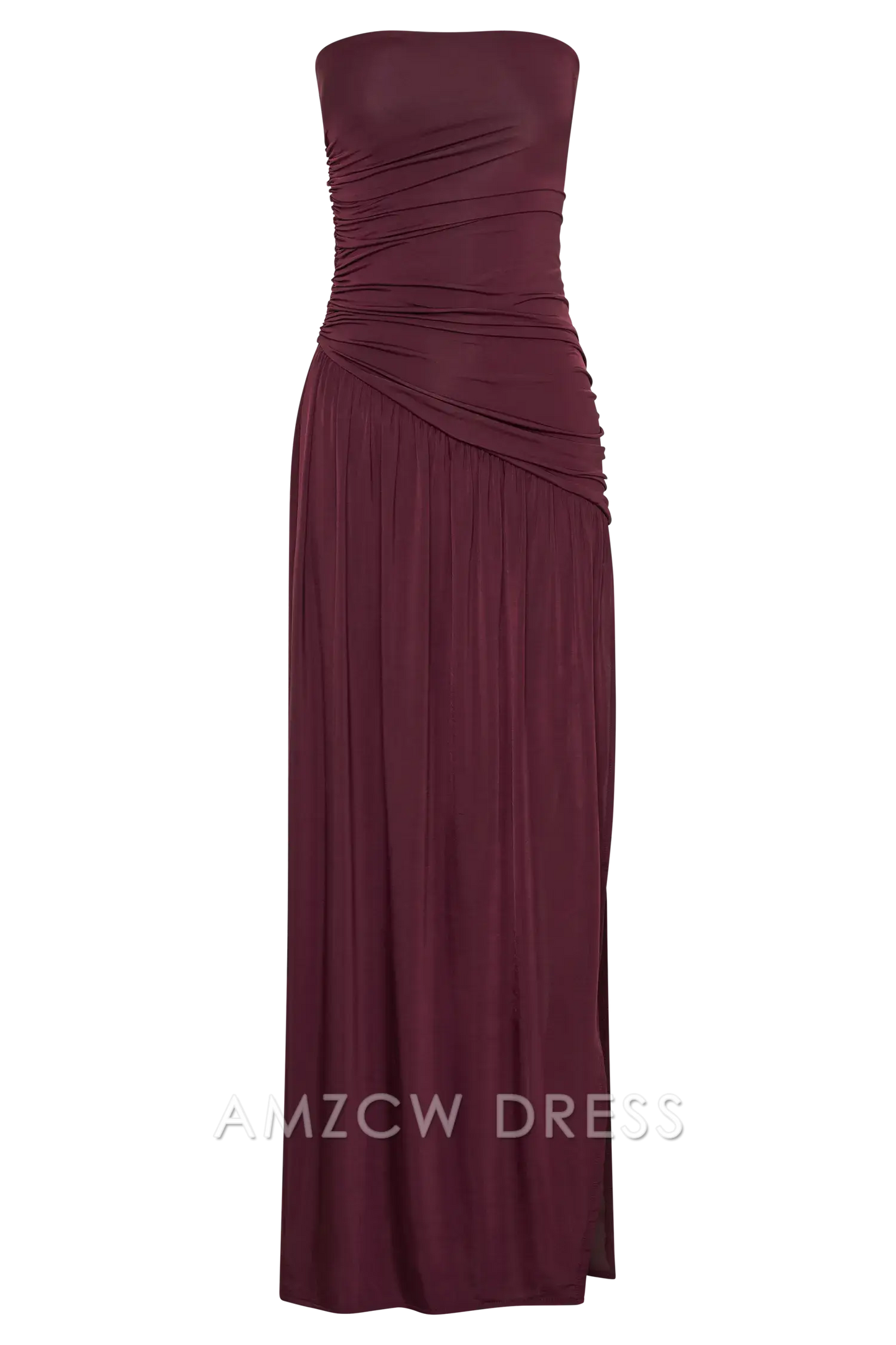 Elegante vestido largo sin tirantes Amzcw con diseño fruncido asimétrico y abertura alta para fiestas