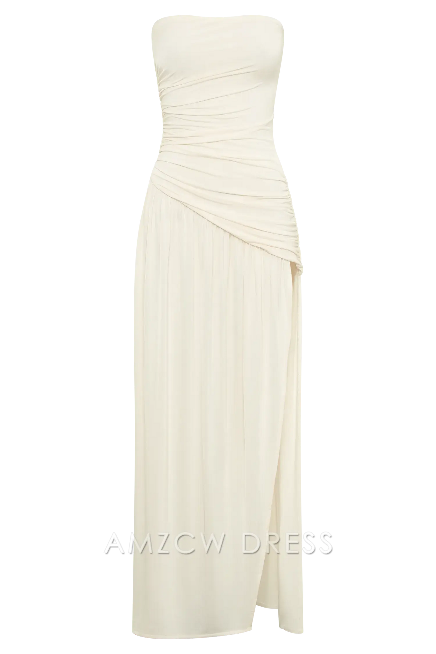 Elegante vestido largo sin tirantes Amzcw con diseño fruncido asimétrico y abertura alta para fiestas