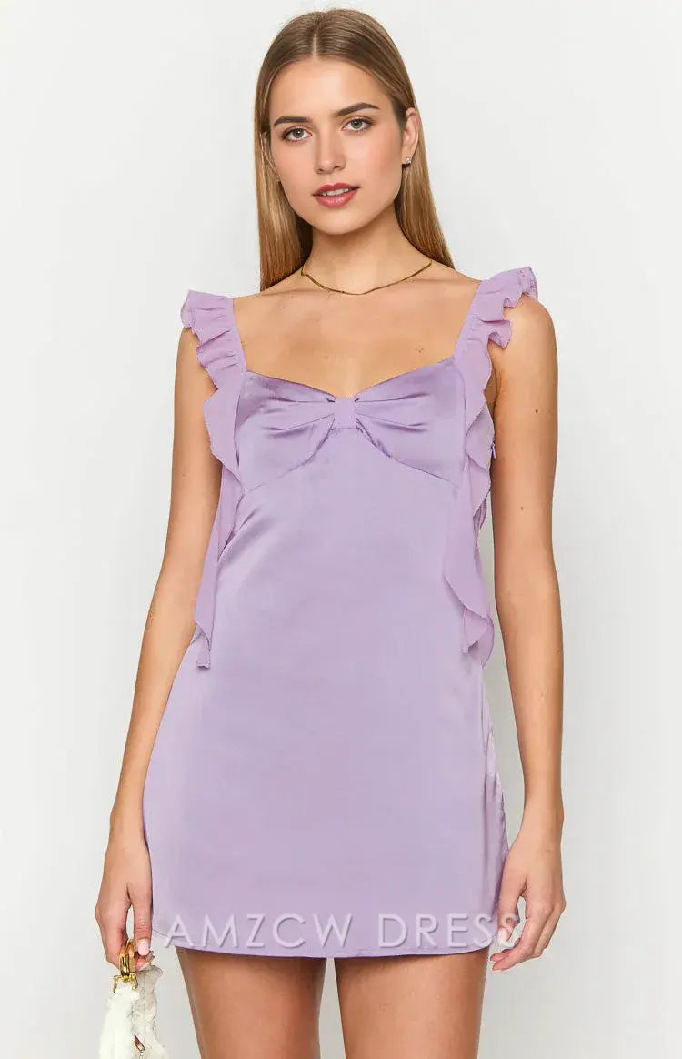 Elegante vestido de satén lila con volantes y lazo Amzcw para fiesta.
