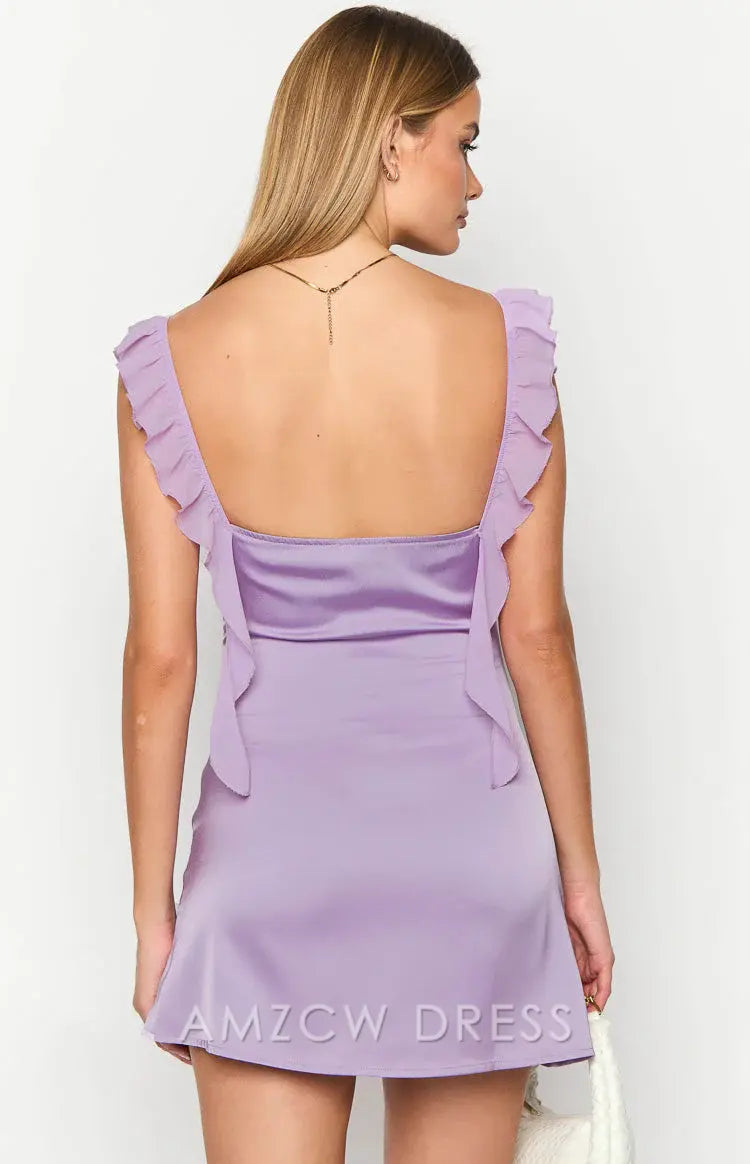 Elegante vestido de satén lila con volantes y lazo Amzcw para fiesta.