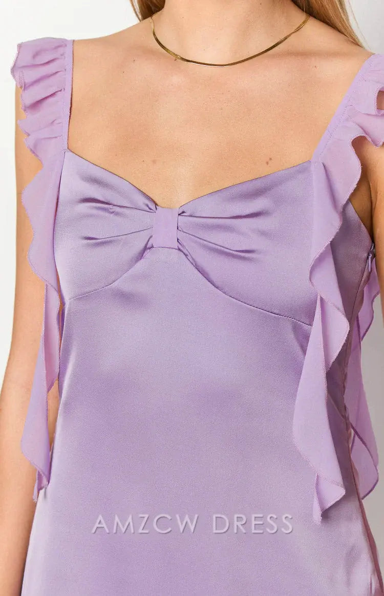 Elegante vestido de satén lila con volantes y lazo Amzcw para fiesta.