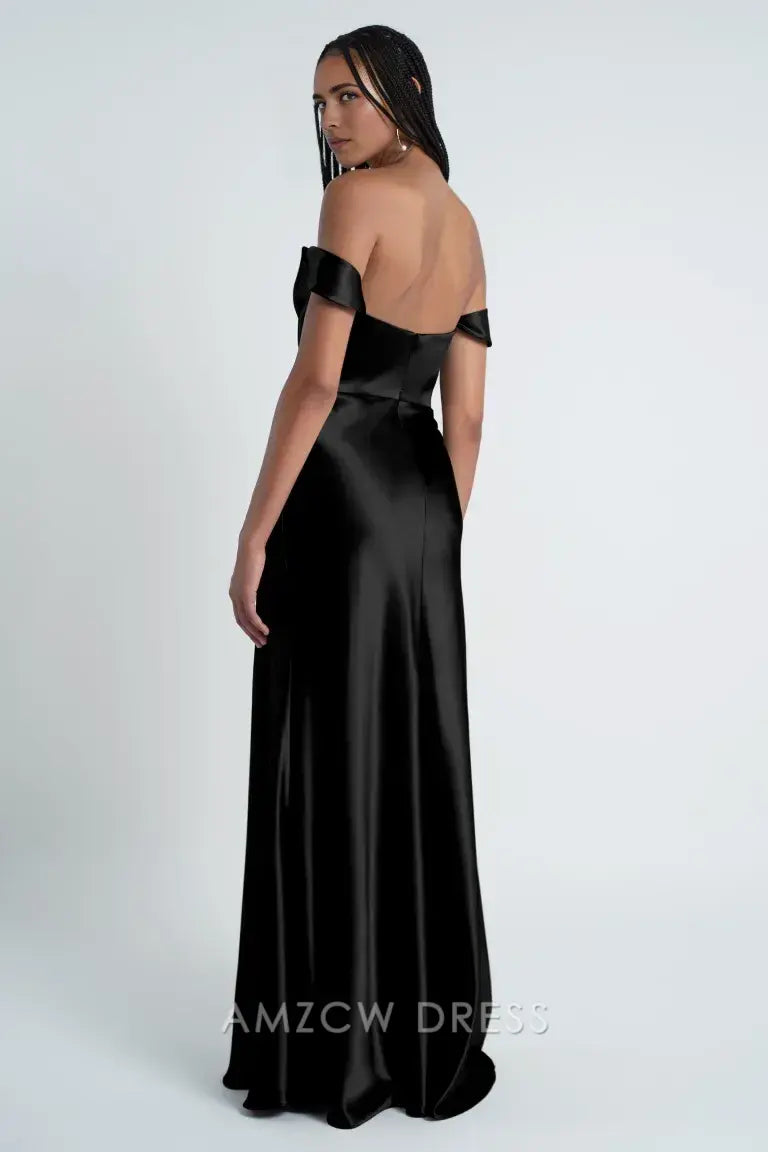 Elegante vestido negro atemporal de sirena con hombros descubiertos de Amzcw para eventos formales.