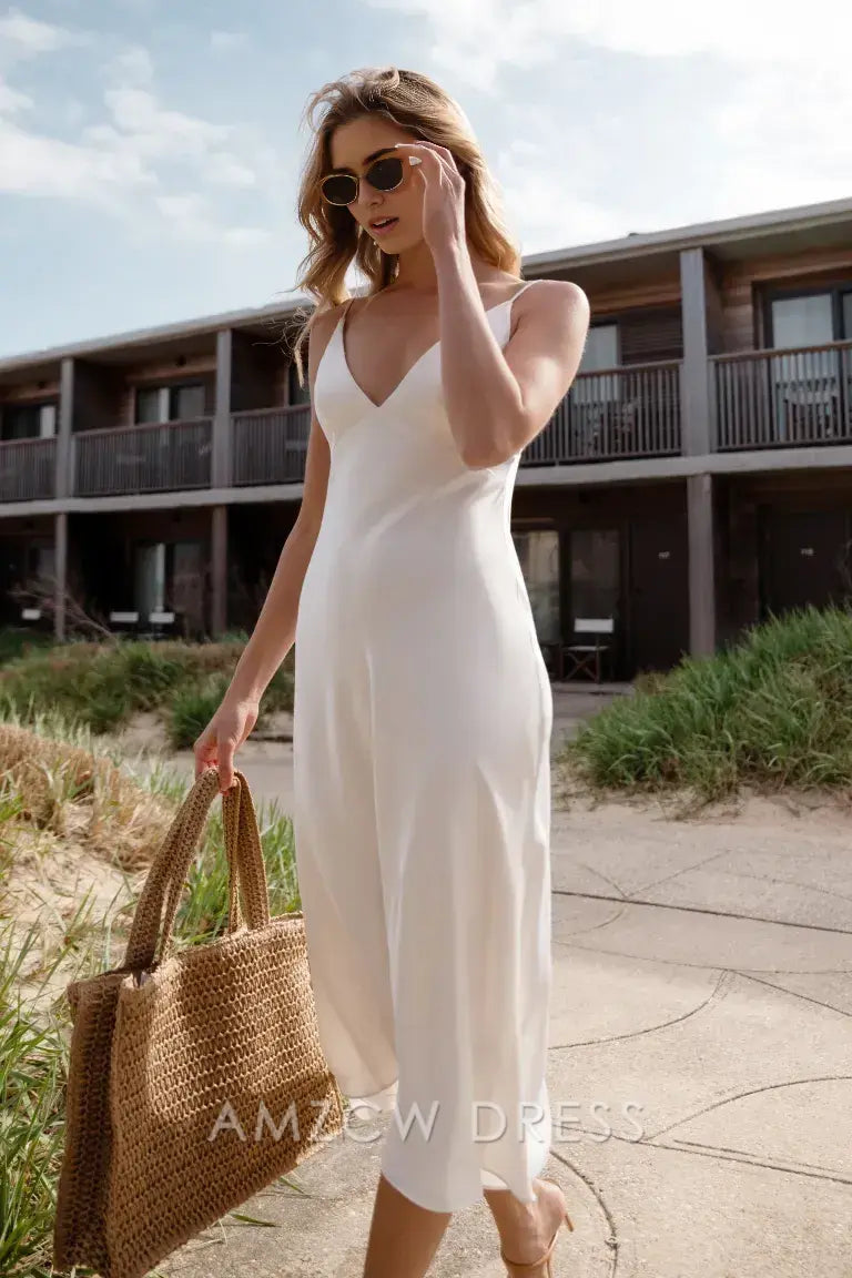Amzcw Elegant V - Neck Slip Midi Dress: Effortless Summer Chic