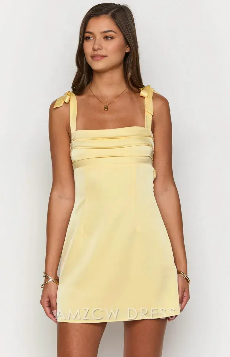 Amzcw Elegant Yellow Bow - Strap Mini Dress: Prom & Event Charmer Party wear