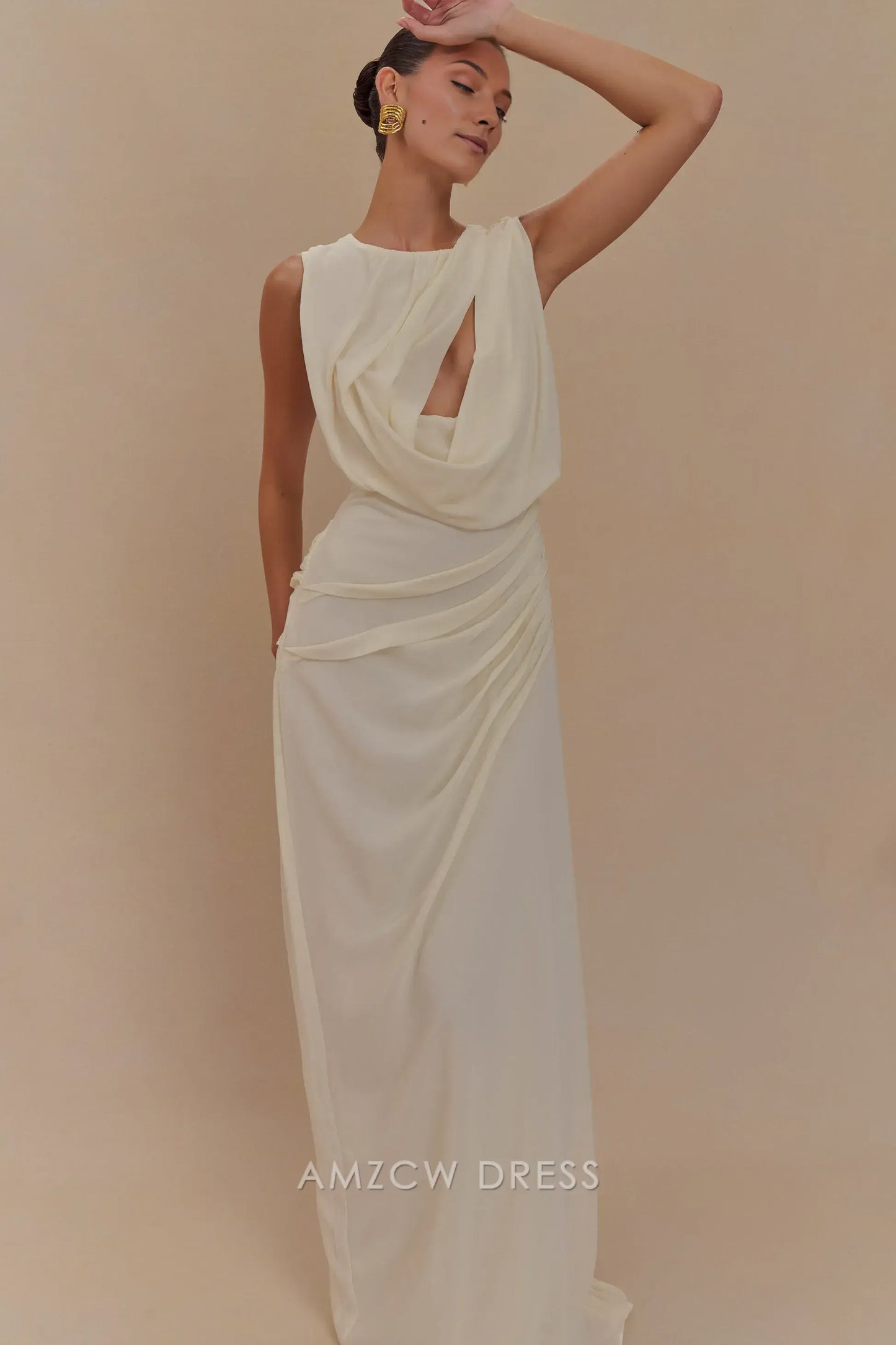 Amzcw Elegant prom clothes Chiffon Maxi Dress - Ivory Floor Length formal hot sale for women