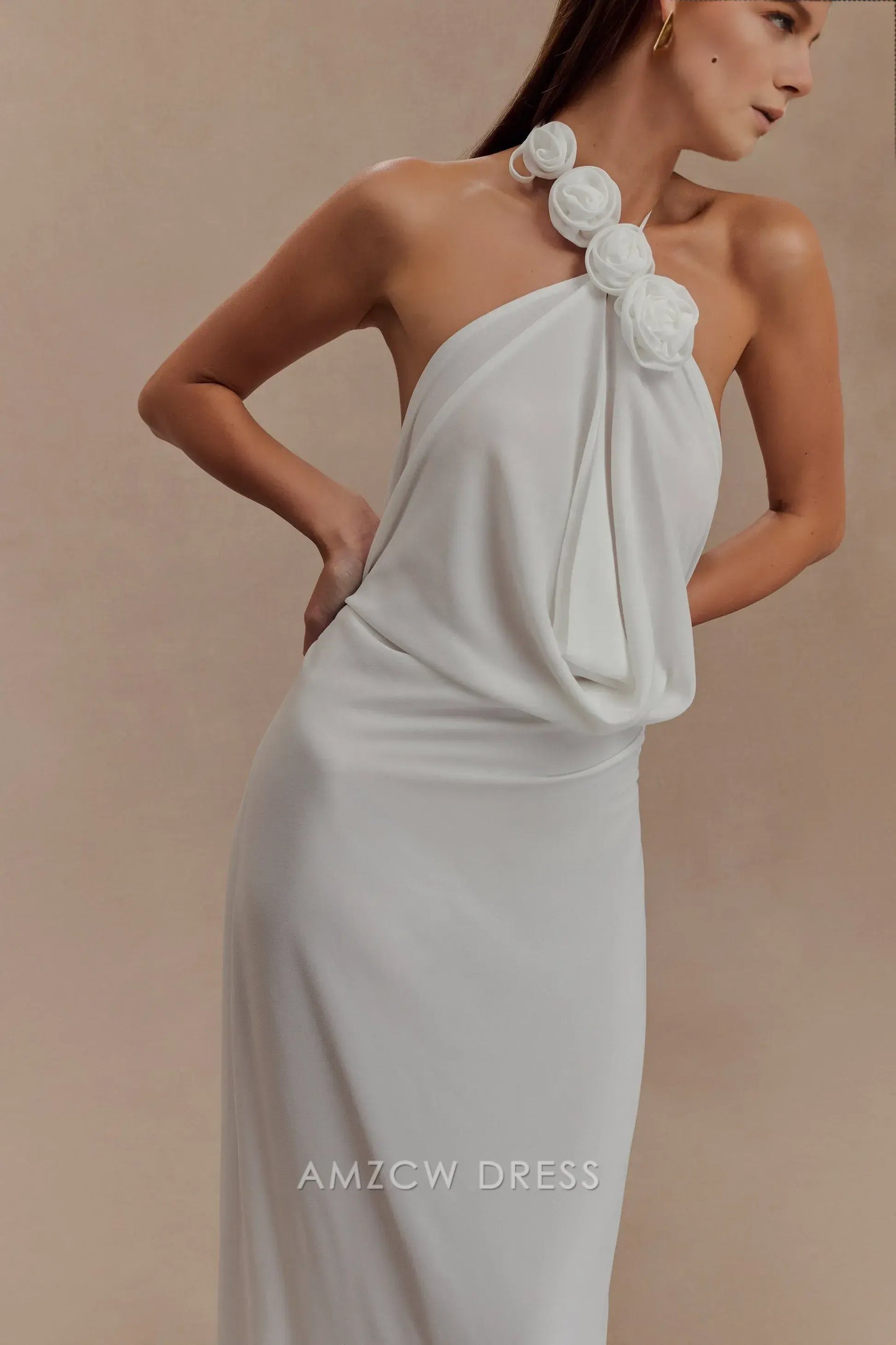 Amzcw Elegant prom clothes Cowl Neck Maxi Dress - White Floor Length formal hot sale for women