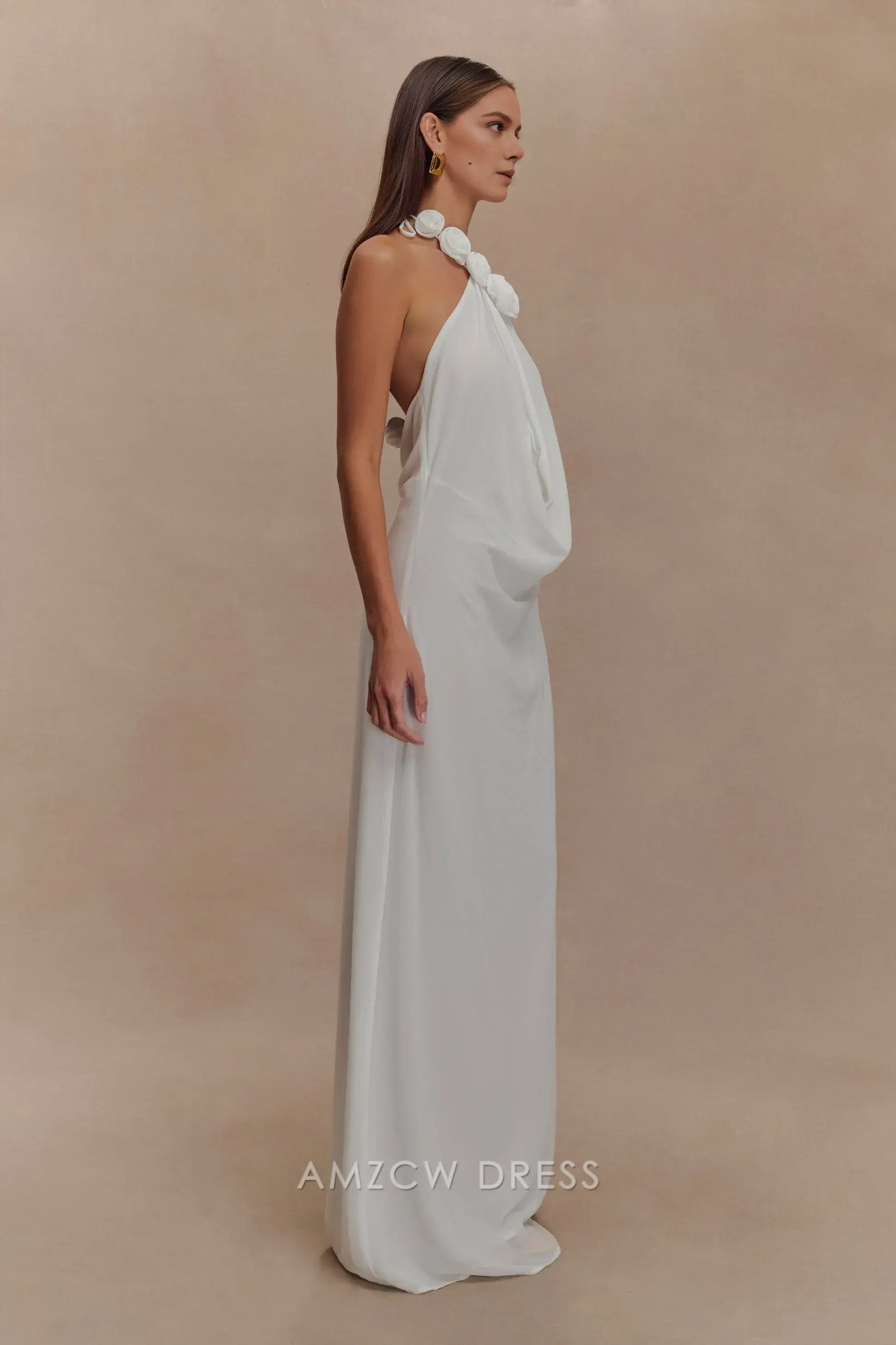 Amzcw Elegant prom clothes Cowl Neck Maxi Dress - White Floor Length formal hot sale for women