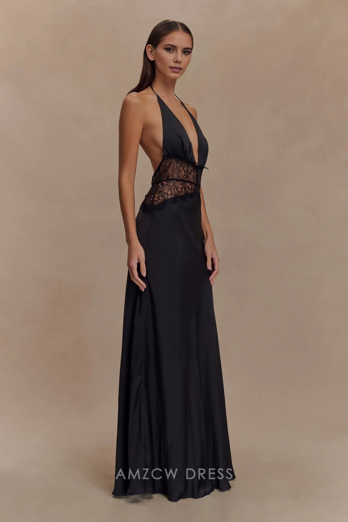Amzcw Elegant prom clothes Lace And Satin Maxi Dress - Black Floor Length formal hot sale for women