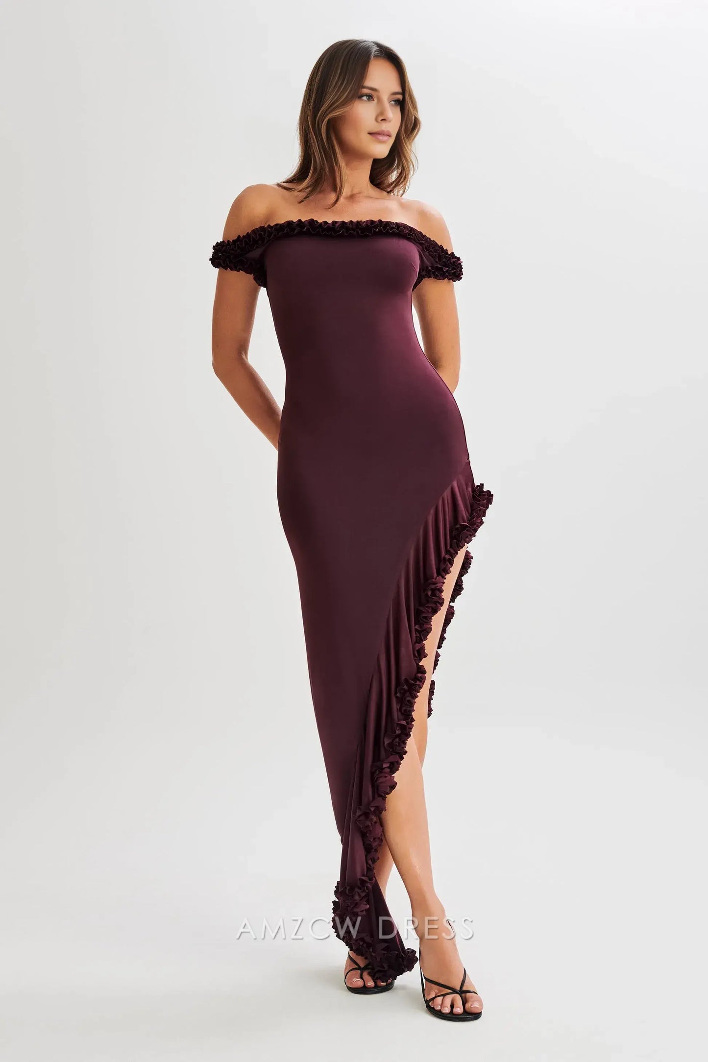 Amzcw Elegant prom clothes Off Shoulder Ruffle Midi Dress - Plum Floor Length formal hot sale for women
