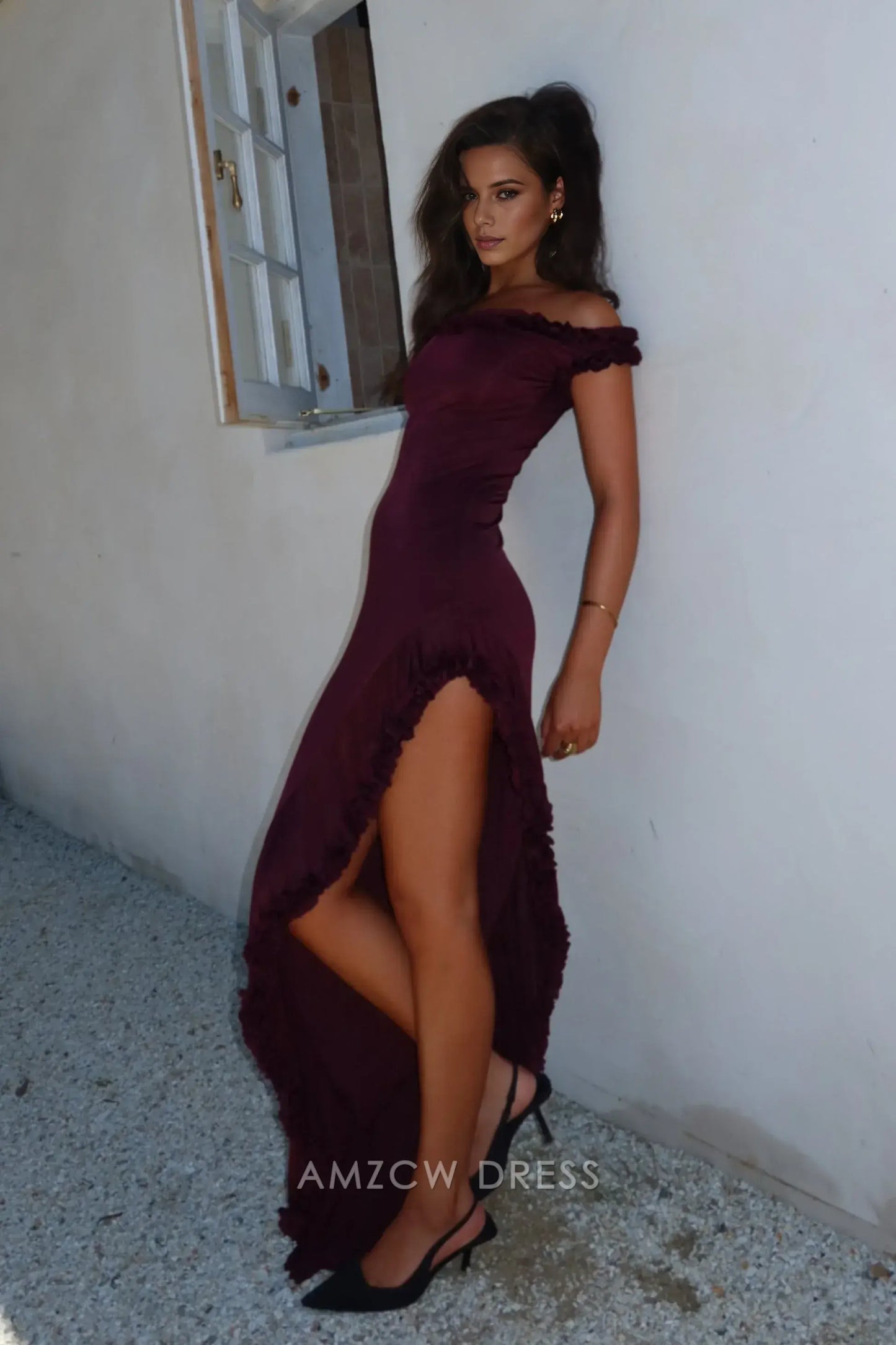 Amzcw Elegant prom clothes Off Shoulder Ruffle Midi Dress - Plum Floor Length formal hot sale for women