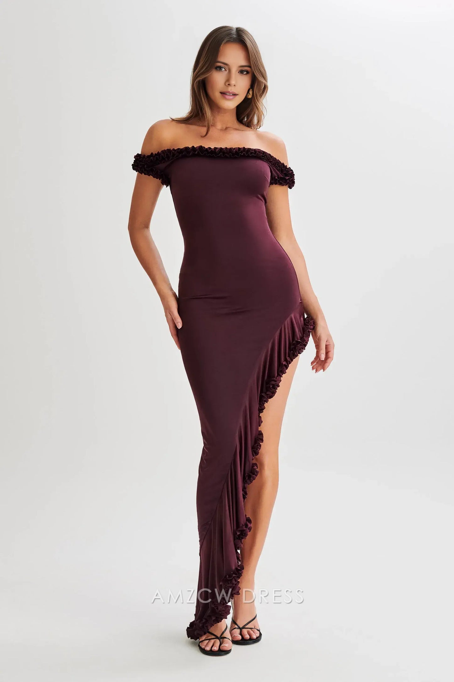 Amzcw Elegant prom clothes Off Shoulder Ruffle Midi Dress - Plum Floor Length formal hot sale for women