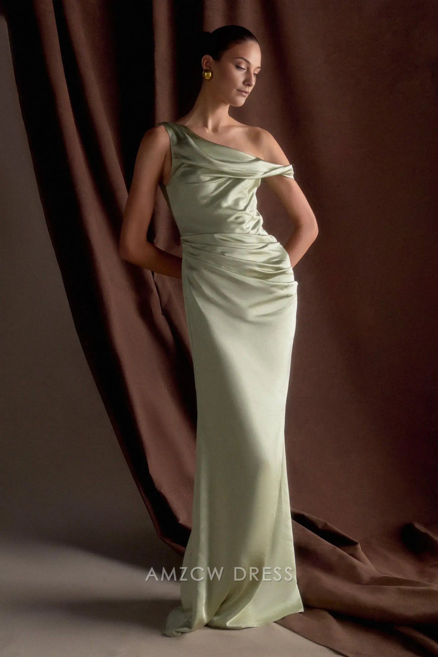 Amzcw Elegant prom clothes Off Shoulder Satin Maxi Dress - Sage Floor Length formal hot sale for women