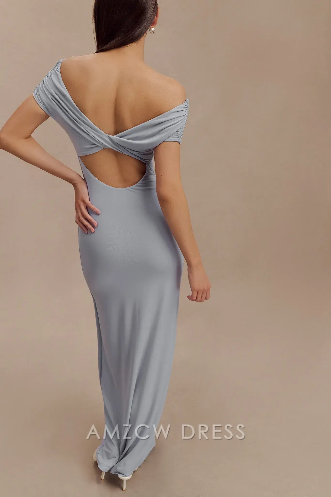 Amzcw Elegant prom clothes Off Shoulder Slinky Maxi Dress - Dusty Blue Floor Length formal hot sale for women