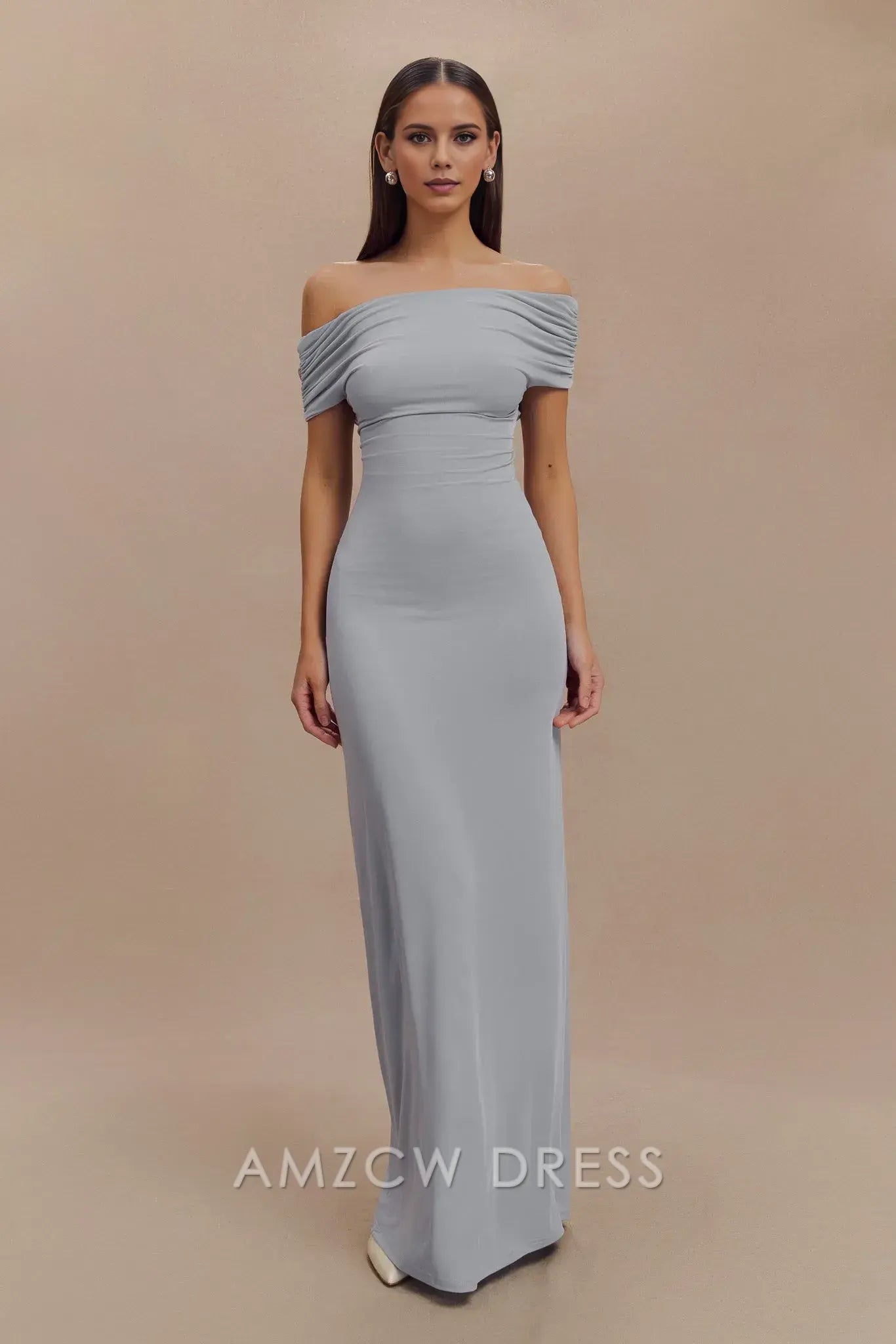 Amzcw Elegant prom clothes Off Shoulder Slinky Maxi Dress - Dusty Blue Floor Length formal hot sale for women