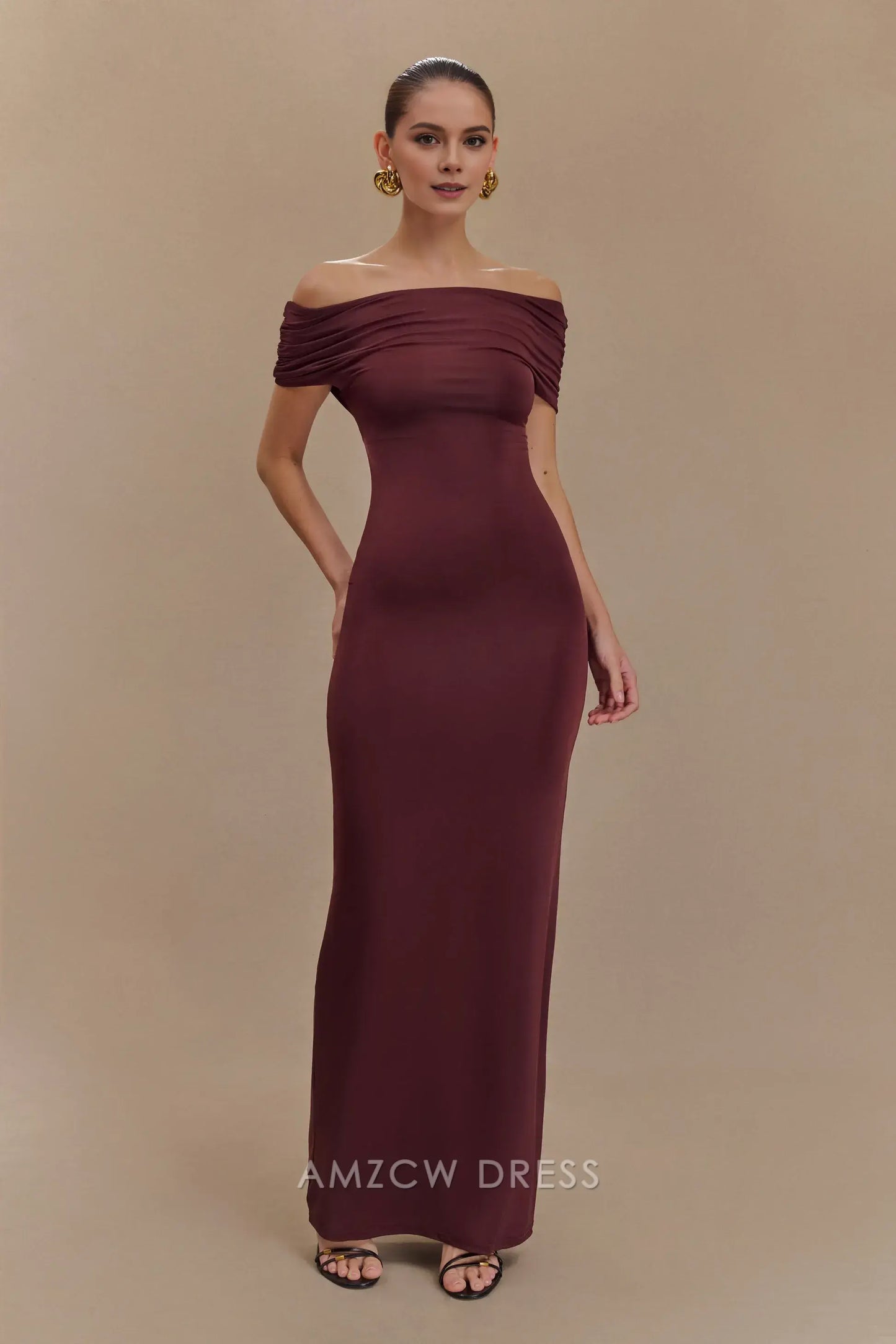 Amzcw Elegant prom clothes Off Shoulder Slinky Maxi Dress - Mahogany Floor Length formal hot sale for women