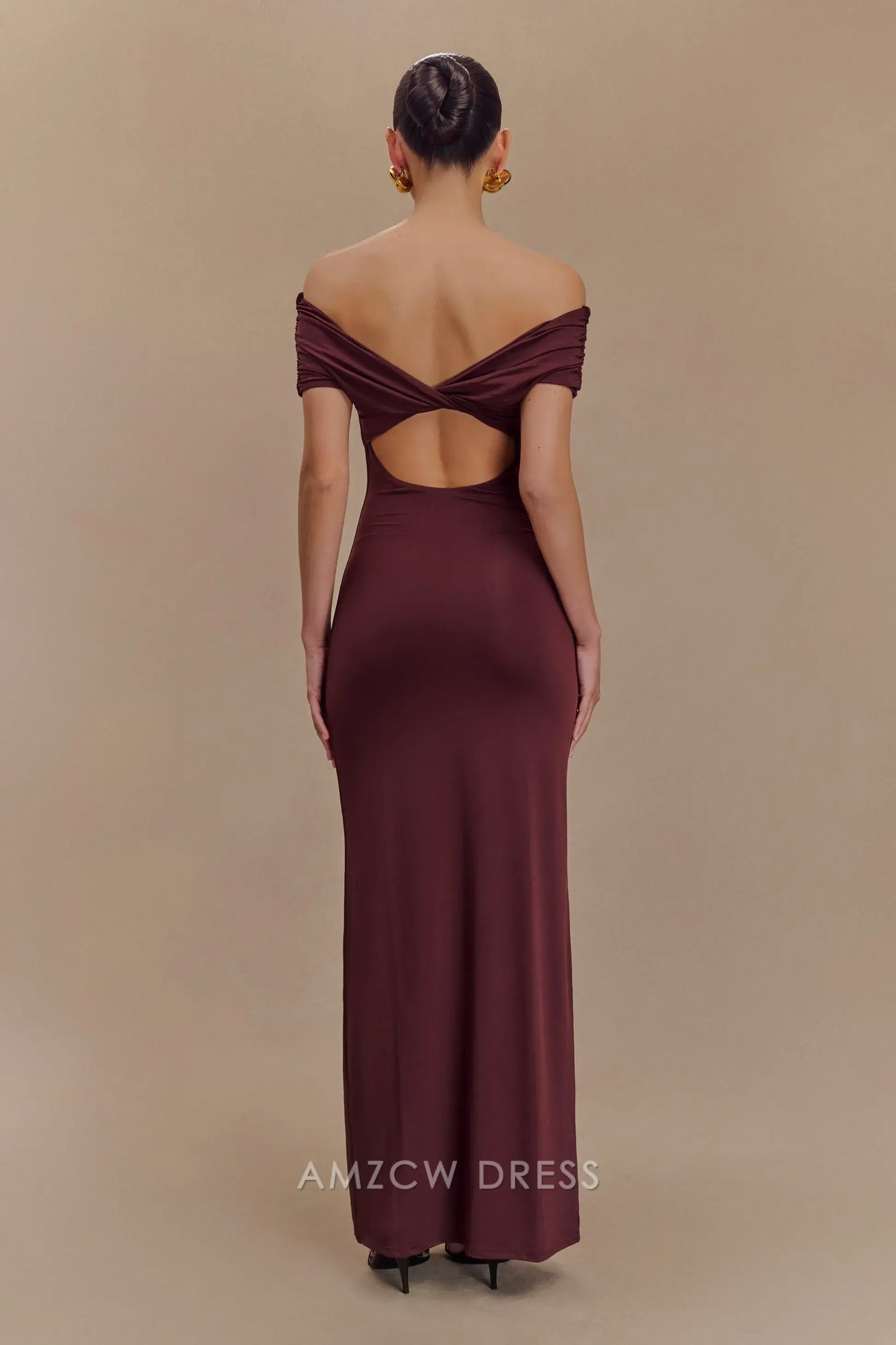 Amzcw Elegant prom clothes Off Shoulder Slinky Maxi Dress - Mahogany Floor Length formal hot sale for women