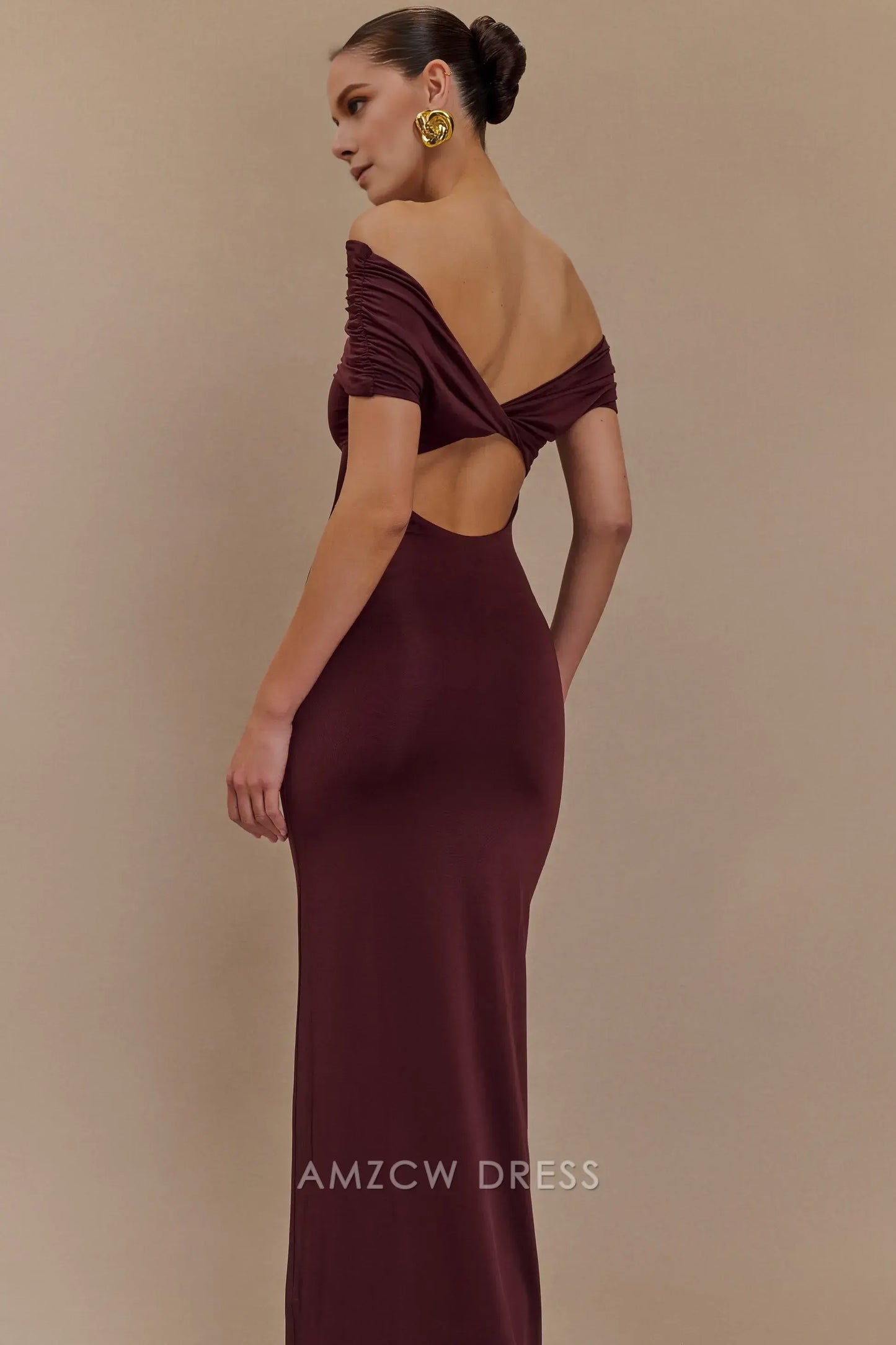 Amzcw Elegant prom clothes Off Shoulder Slinky Maxi Dress - Mahogany Floor Length formal hot sale for women