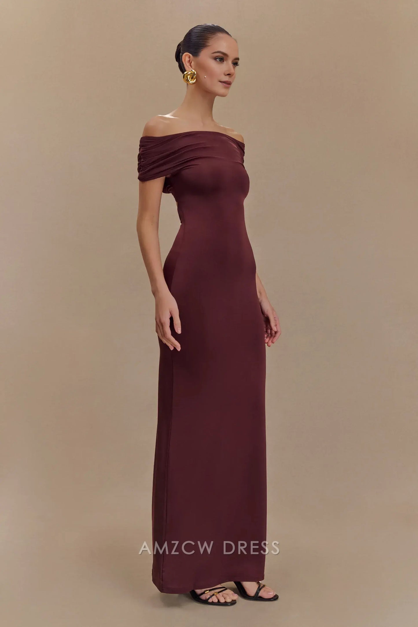 Amzcw Elegant prom clothes Off Shoulder Slinky Maxi Dress - Mahogany Floor Length formal hot sale for women