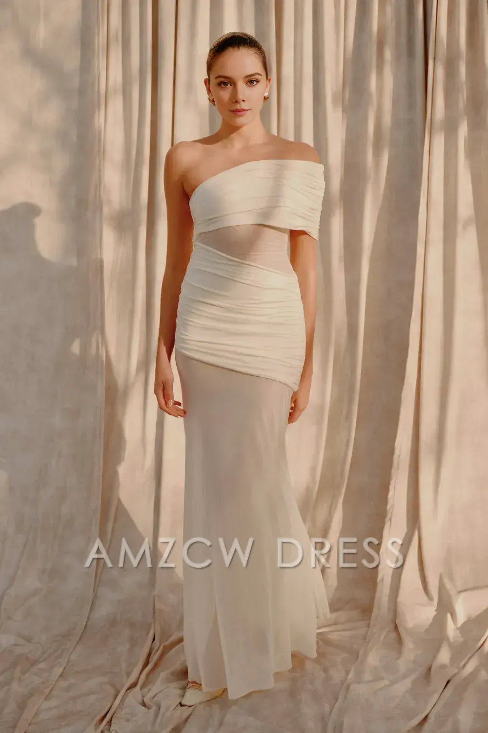 Amzcw Elegant prom clothes One Shoulder Mesh Maxi Dress - Ivory Floor Length formal hot sale for women