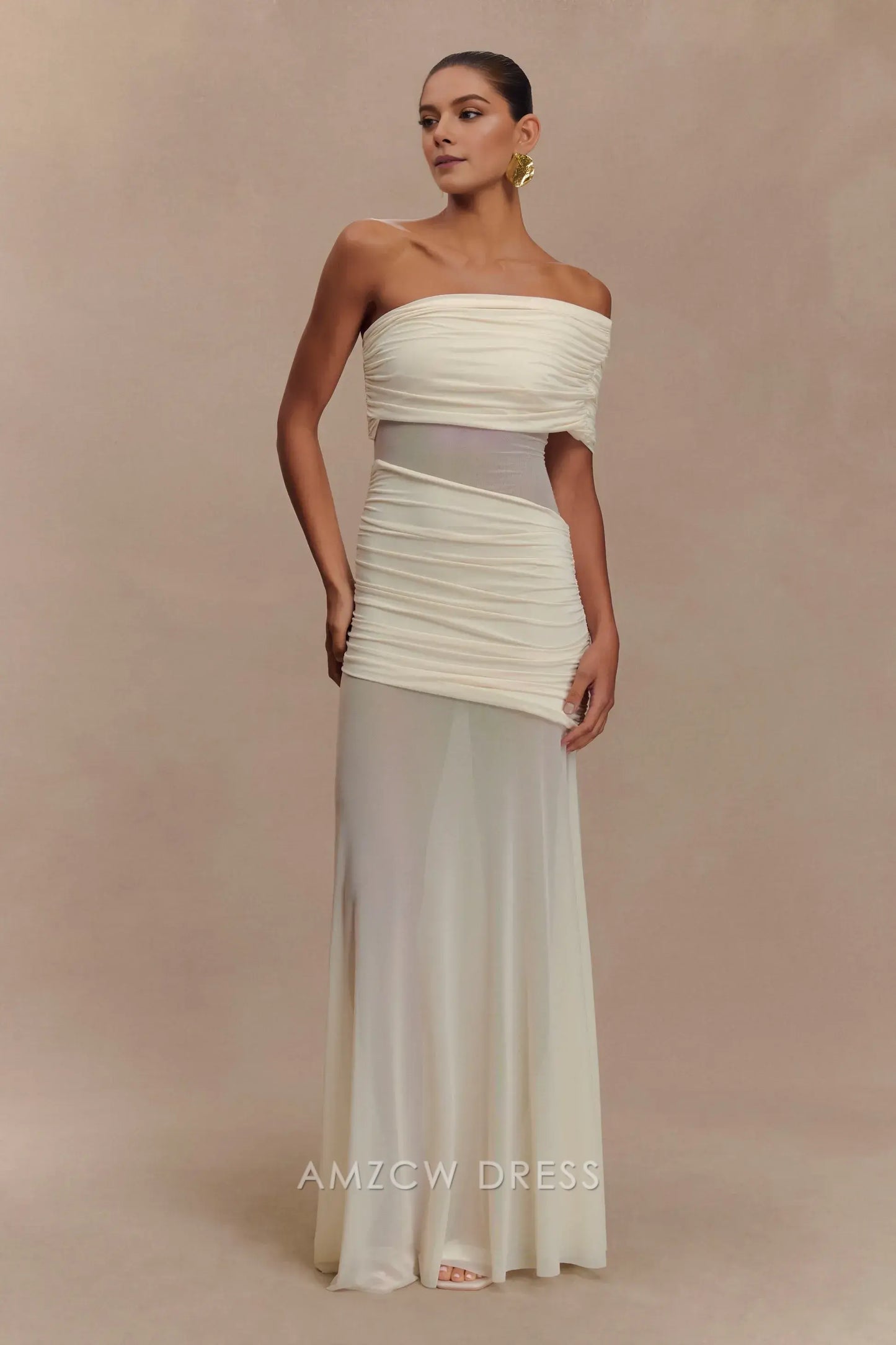 Amzcw Elegant prom clothes One Shoulder Mesh Maxi Dress - Ivory Floor Length formal hot sale for women