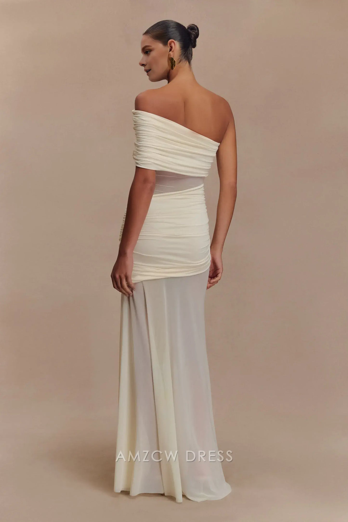 Amzcw Elegant prom clothes One Shoulder Mesh Maxi Dress - Ivory Floor Length formal hot sale for women