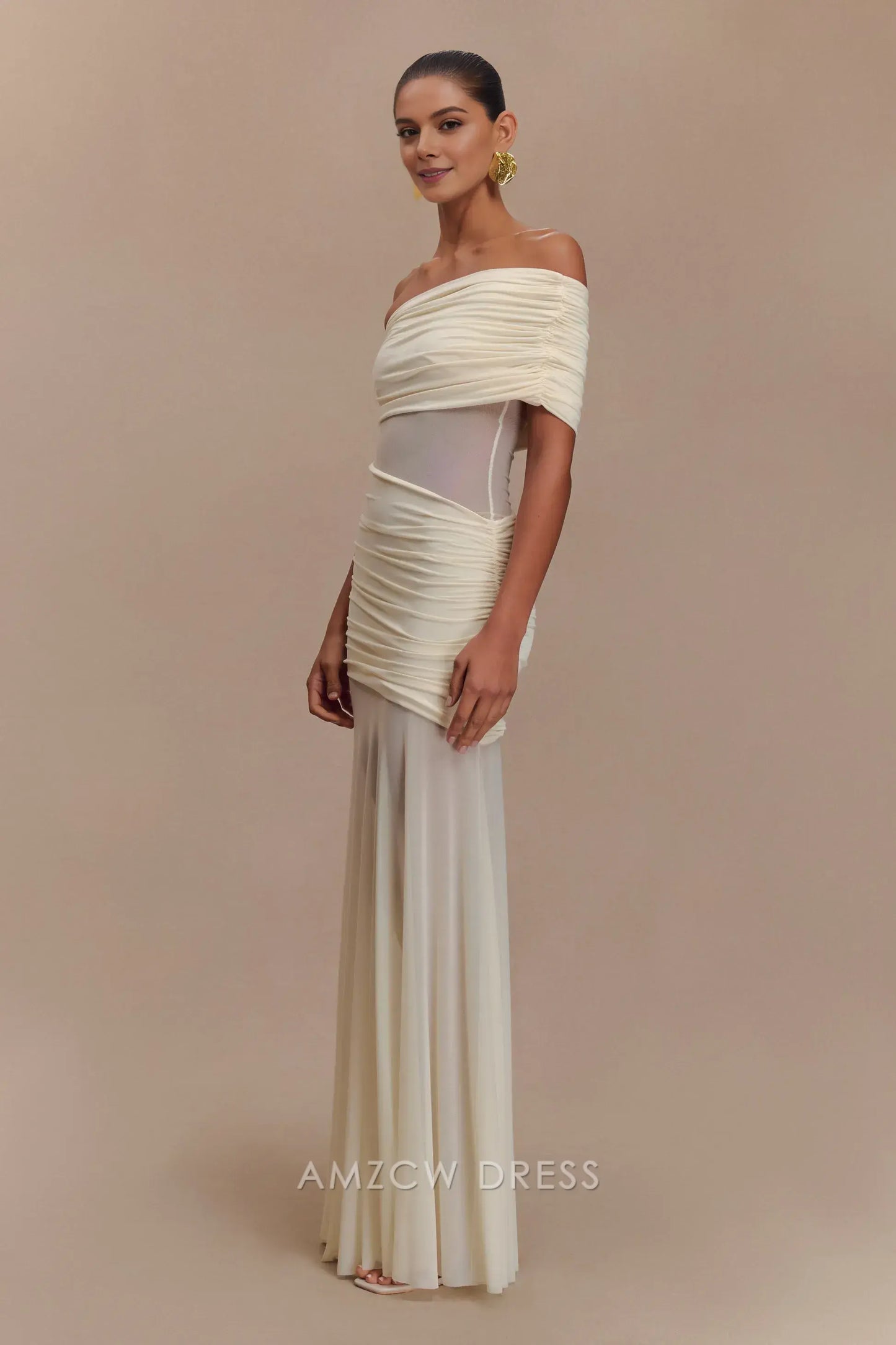 Amzcw Elegant prom clothes One Shoulder Mesh Maxi Dress - Ivory Floor Length formal hot sale for women
