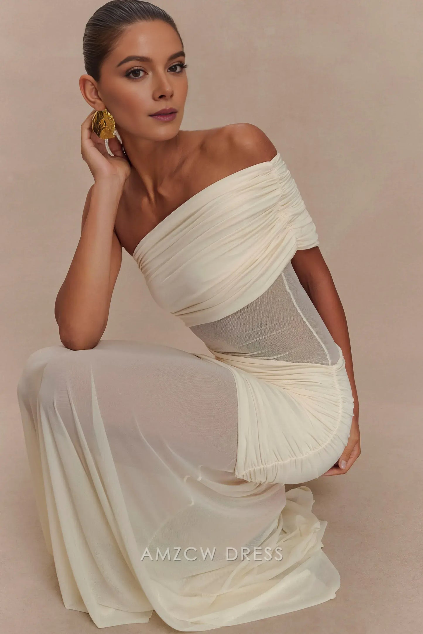 Amzcw Elegant prom clothes One Shoulder Mesh Maxi Dress - Ivory Floor Length formal hot sale for women