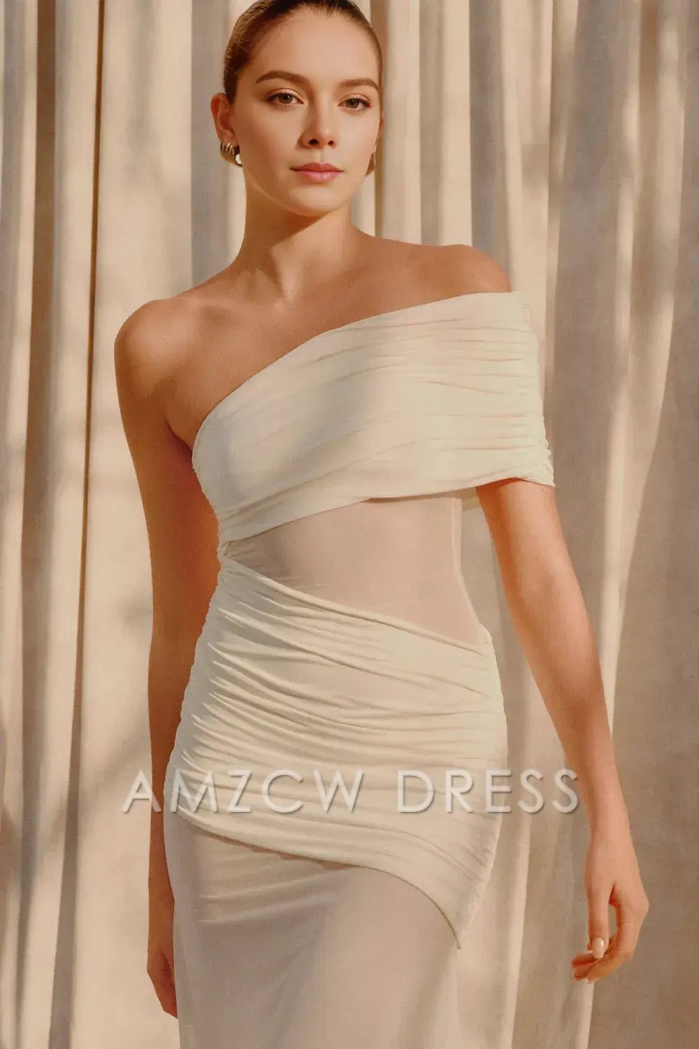 Amzcw Elegant prom clothes One Shoulder Mesh Maxi Dress - Ivory Floor Length formal hot sale for women