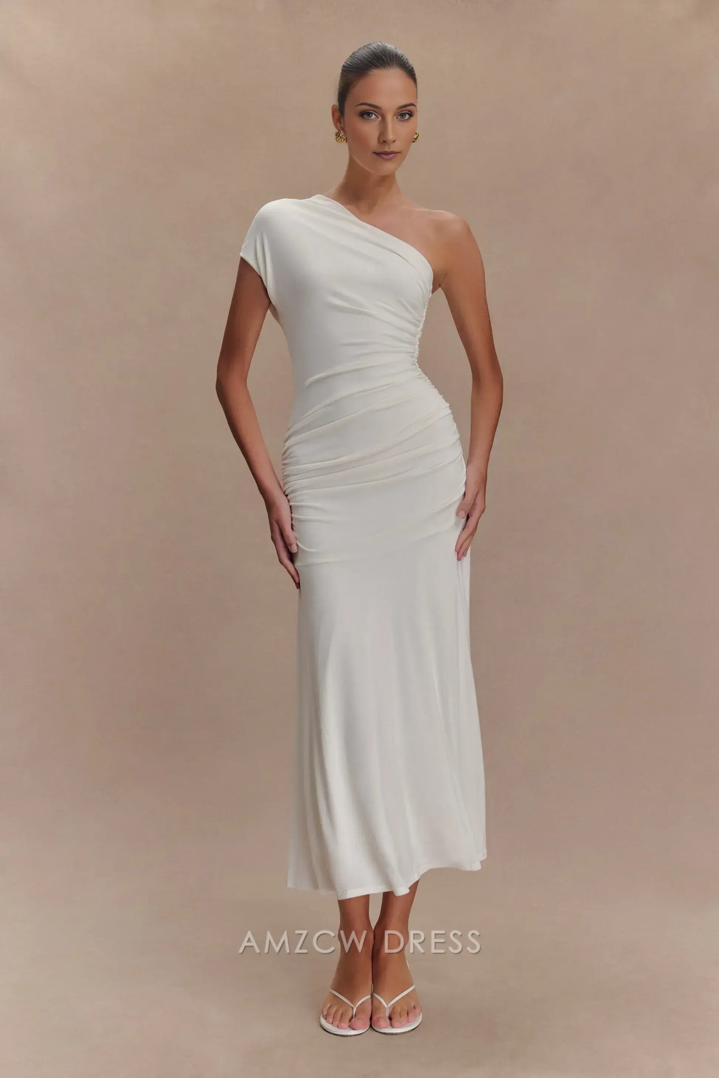 Amzcw Elegant prom clothes Peached Jersey One Shoulder Midi Dress - Ivory Floor Length formal hot sale for women