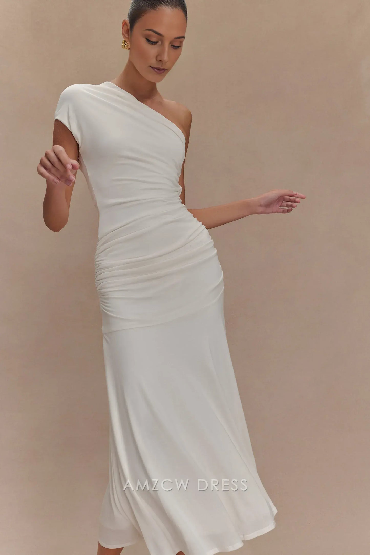 Amzcw Elegant prom clothes Peached Jersey One Shoulder Midi Dress - Ivory Floor Length formal hot sale for women