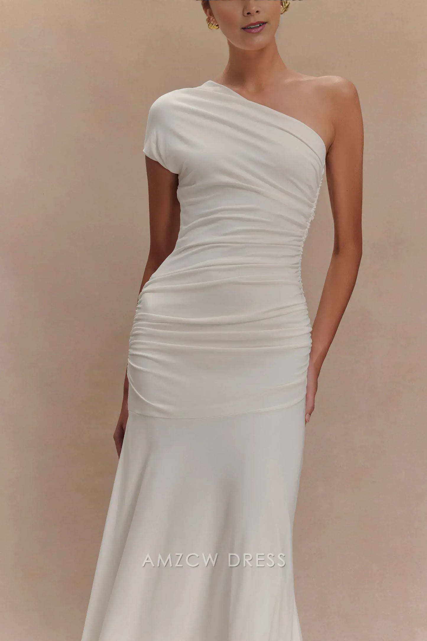 Amzcw Elegant prom clothes Peached Jersey One Shoulder Midi Dress - Ivory Floor Length formal hot sale for women