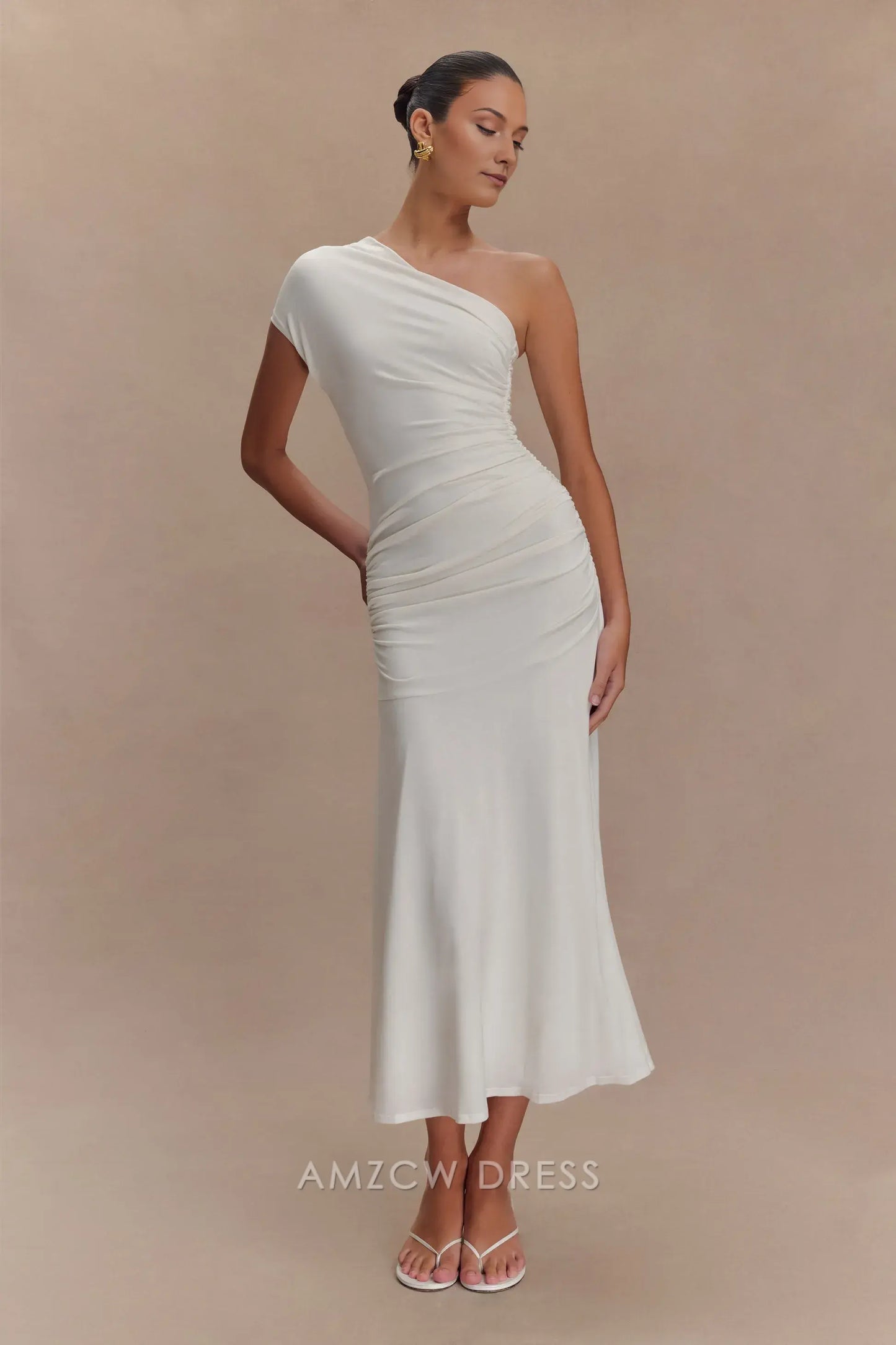 Amzcw Elegant prom clothes Peached Jersey One Shoulder Midi Dress - Ivory Floor Length formal hot sale for women