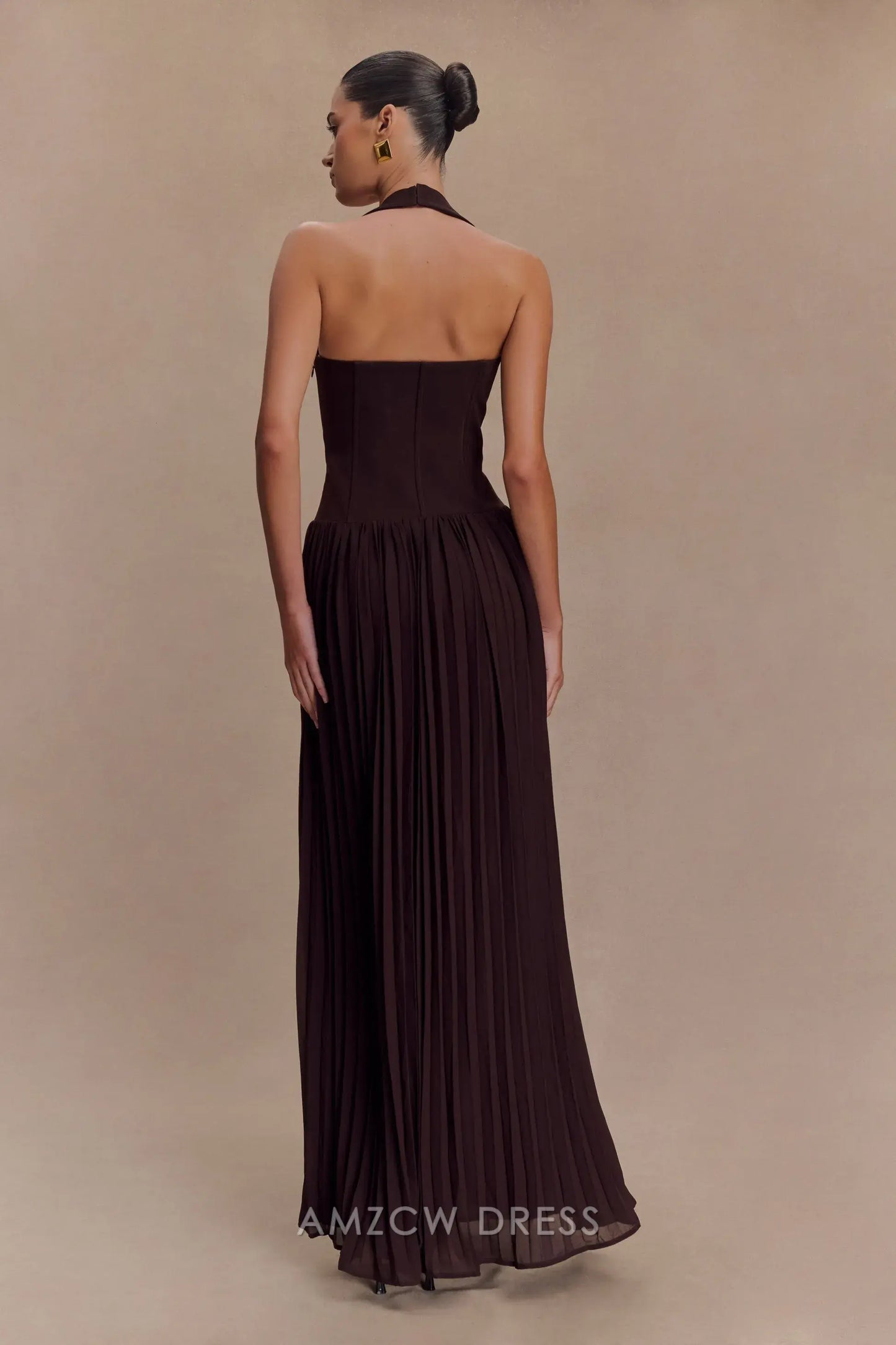 Amzcw Elegant prom clothes Pleated Halter Maxi Dress - Cacao Floor Length formal hot sale for women