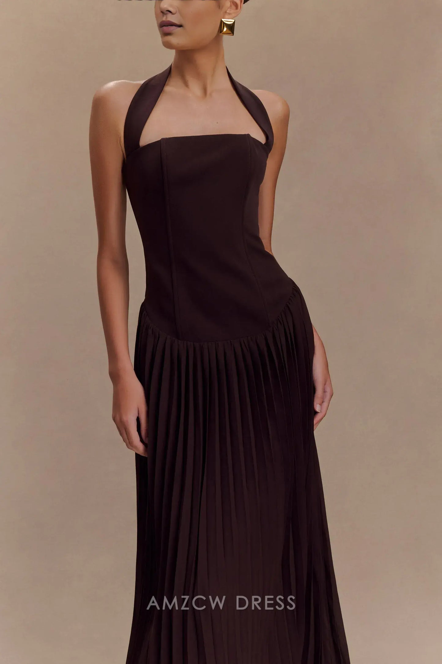 Amzcw Elegant prom clothes Pleated Halter Maxi Dress - Cacao Floor Length formal hot sale for women