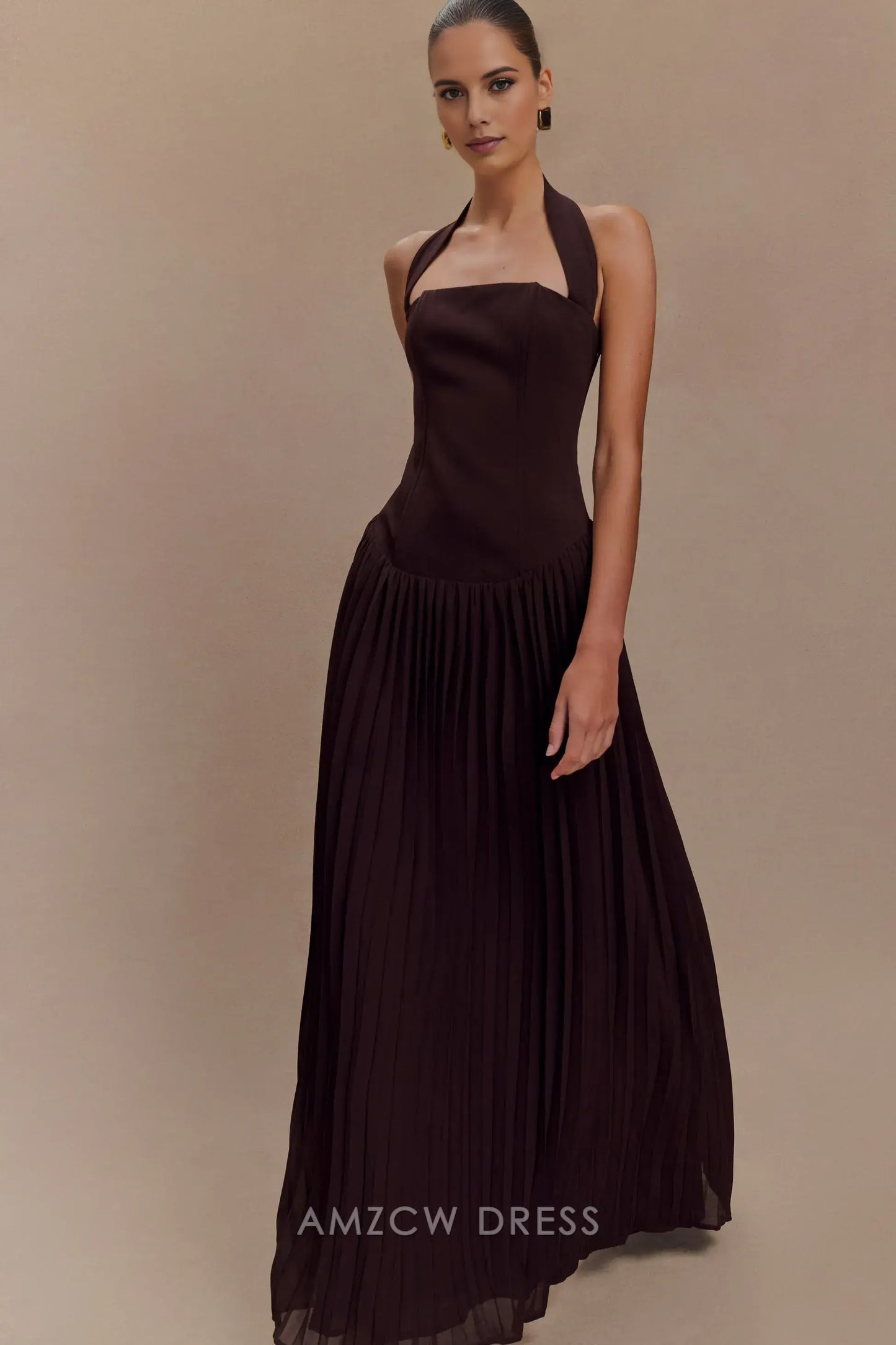 Amzcw Elegant prom clothes Pleated Halter Maxi Dress - Cacao Floor Length formal hot sale for women