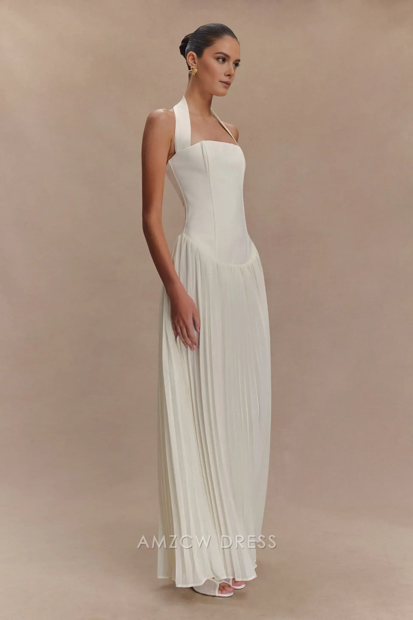 Amzcw Elegant prom clothes Pleated Halter Maxi Dress - Ivory Floor Length formal hot sale for women