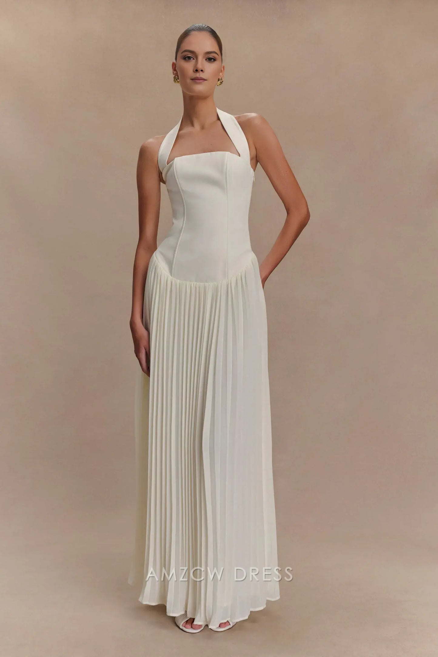 Amzcw Elegant prom clothes Pleated Halter Maxi Dress - Ivory Floor Length formal hot sale for women