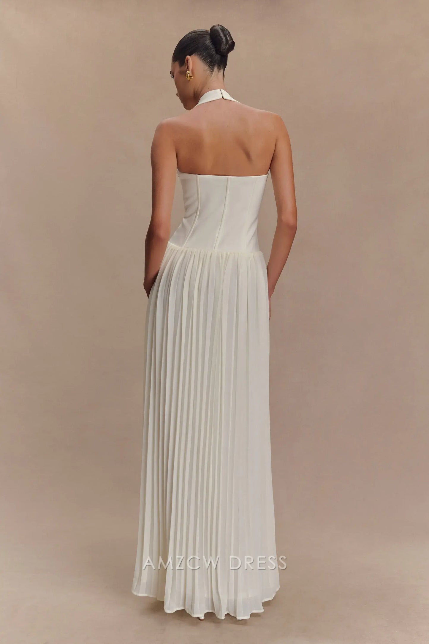 Amzcw Elegant prom clothes Pleated Halter Maxi Dress - Ivory Floor Length formal hot sale for women
