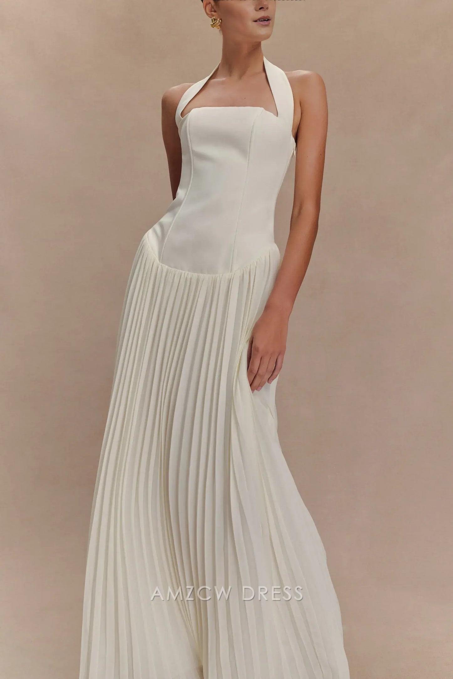 Amzcw Elegant prom clothes Pleated Halter Maxi Dress - Ivory Floor Length formal hot sale for women