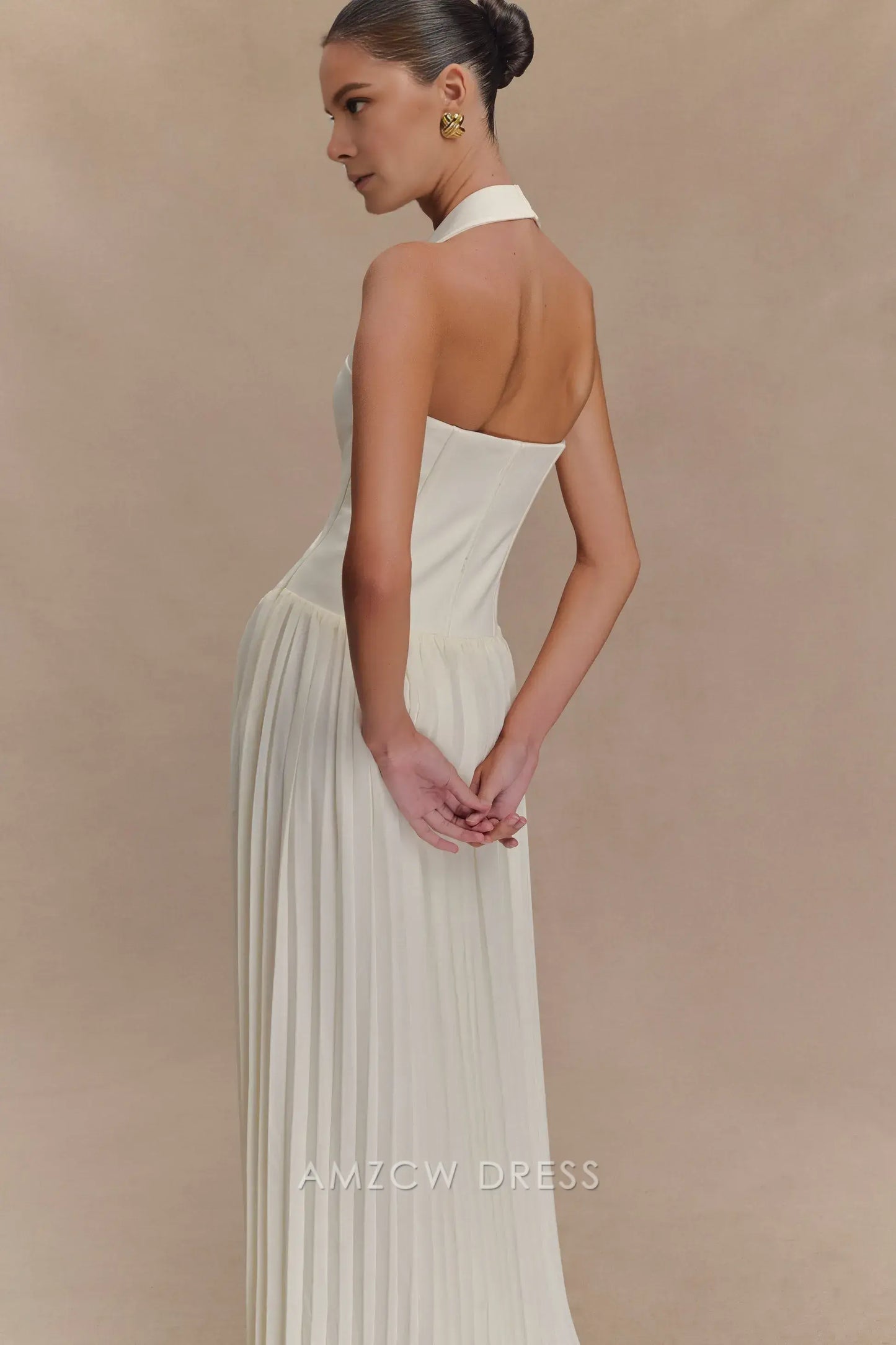 Amzcw Elegant prom clothes Pleated Halter Maxi Dress - Ivory Floor Length formal hot sale for women