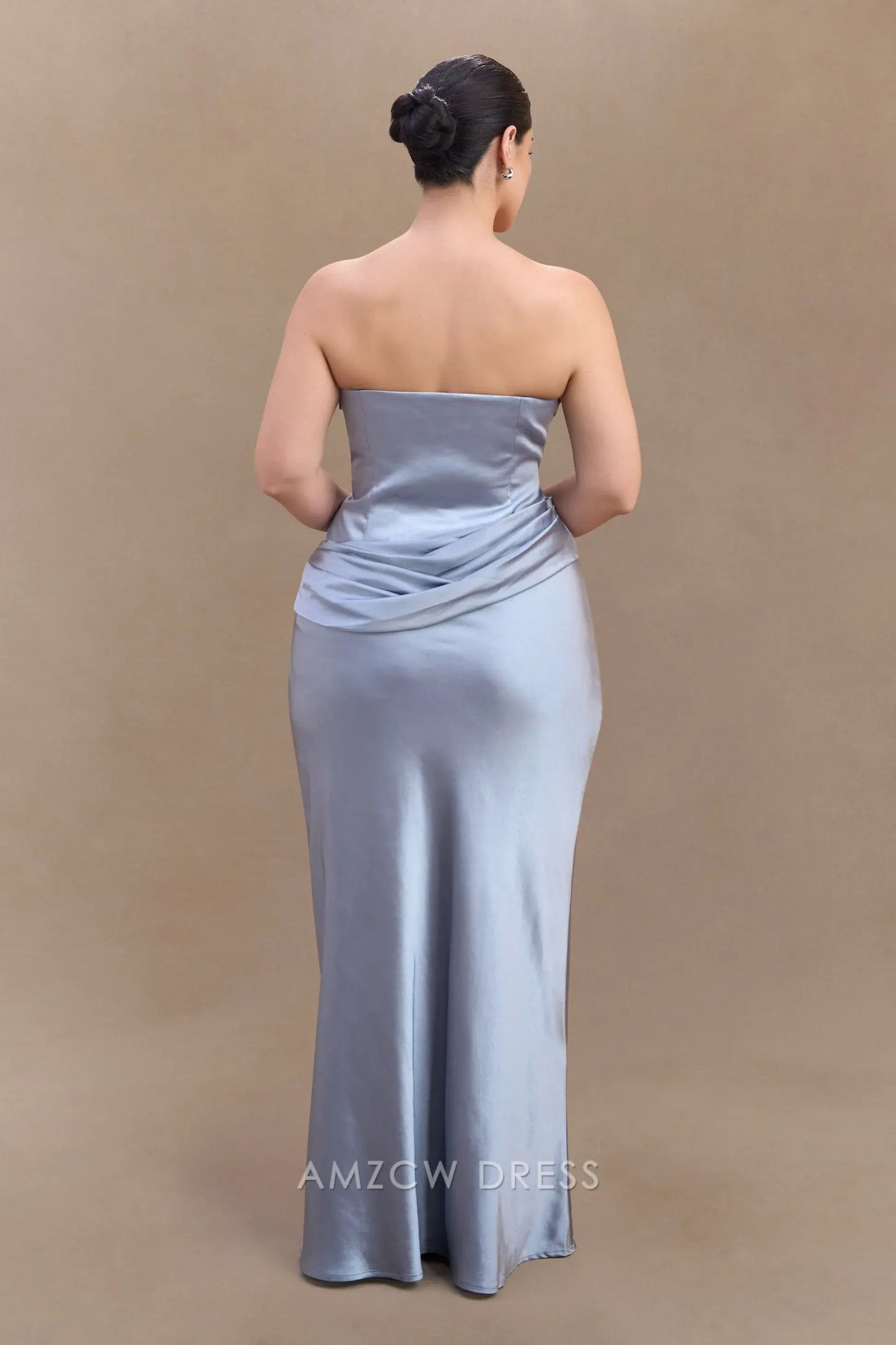 Amzcw Elegant prom clothes Plus Size Strapless Satin Maxi Dress - Frosted Blue Floor Length formal hot sale for women