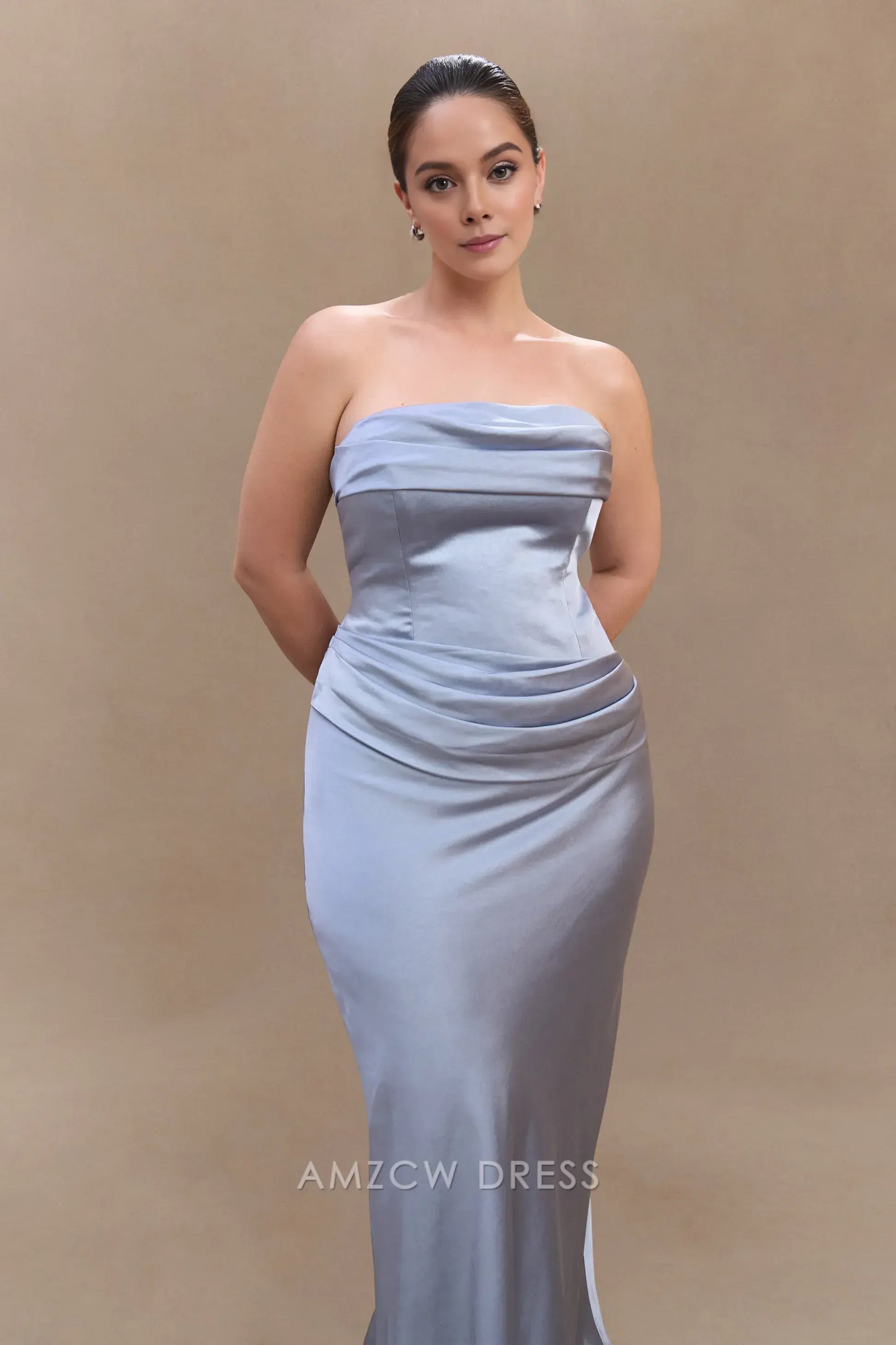 Amzcw Elegant prom clothes Plus Size Strapless Satin Maxi Dress - Frosted Blue Floor Length formal hot sale for women