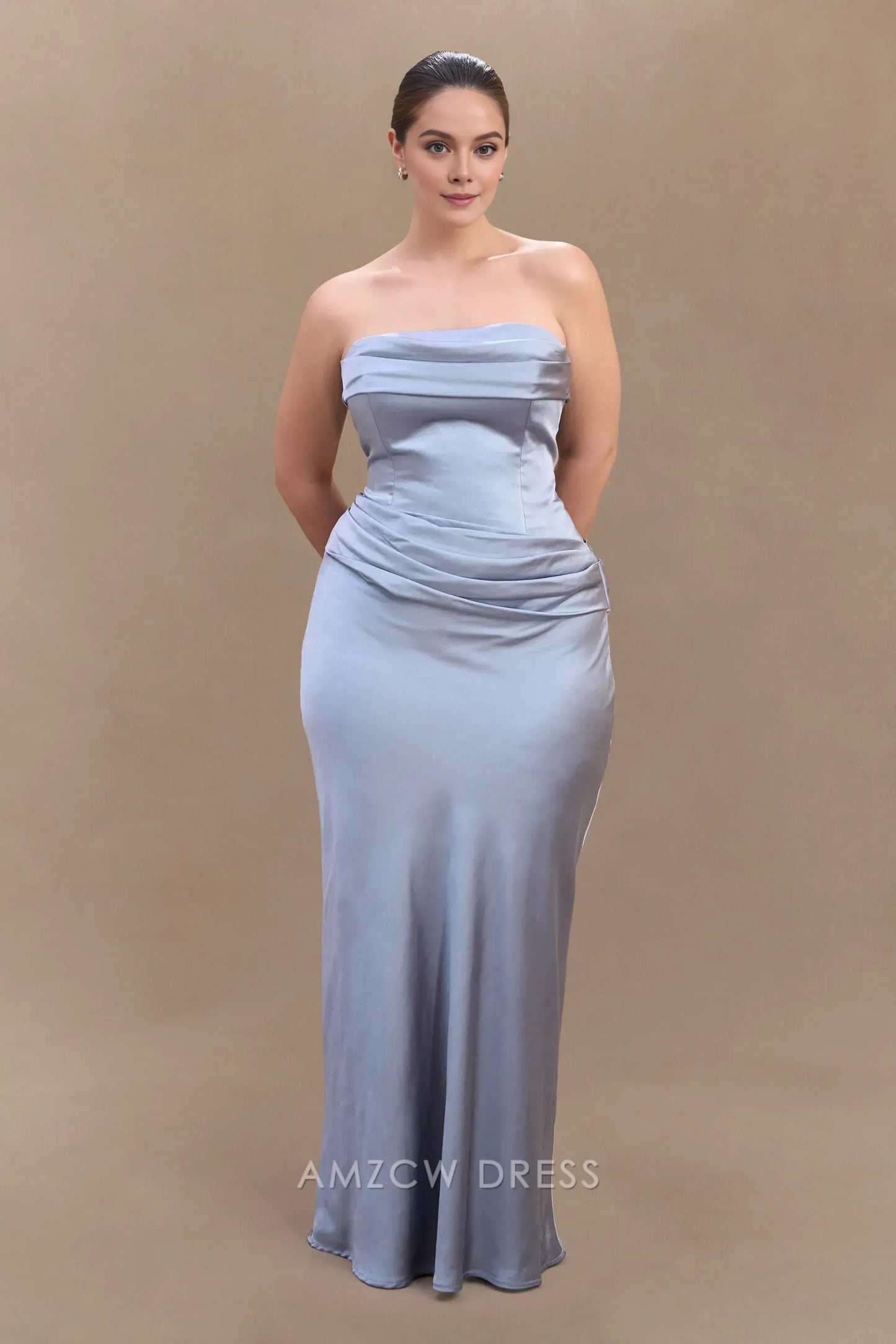 Amzcw Elegant prom clothes Plus Size Strapless Satin Maxi Dress - Frosted Blue Floor Length formal hot sale for women