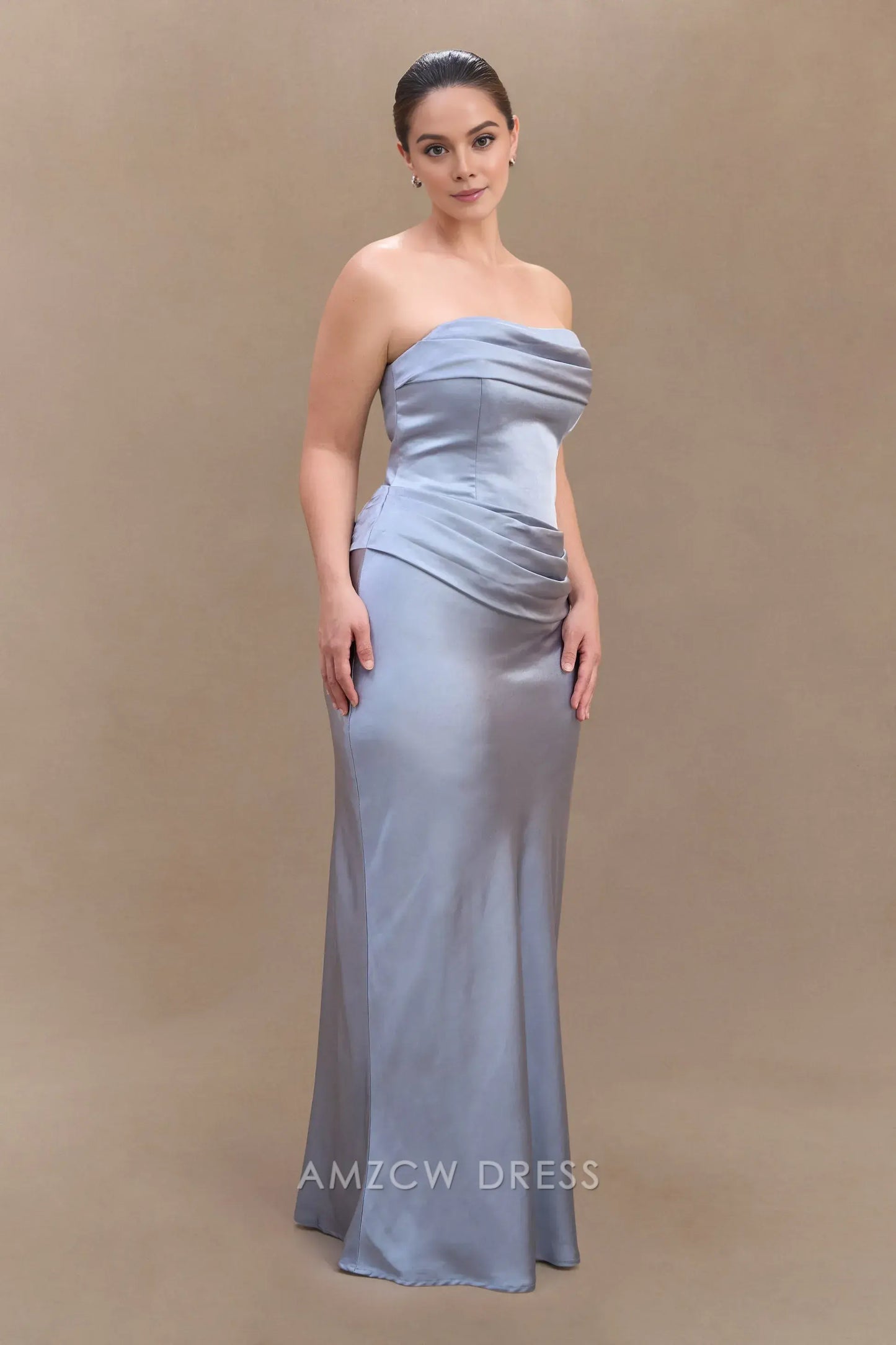 Amzcw Elegant prom clothes Plus Size Strapless Satin Maxi Dress - Frosted Blue Floor Length formal hot sale for women