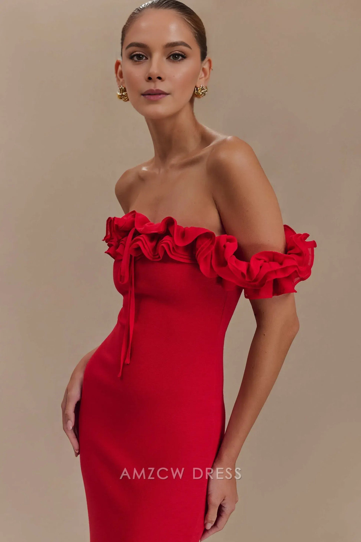 Amzcw Elegant prom clothes Ruffle Off Shoulder Maxi Dress - Ruby Floor Length formal hot sale for women