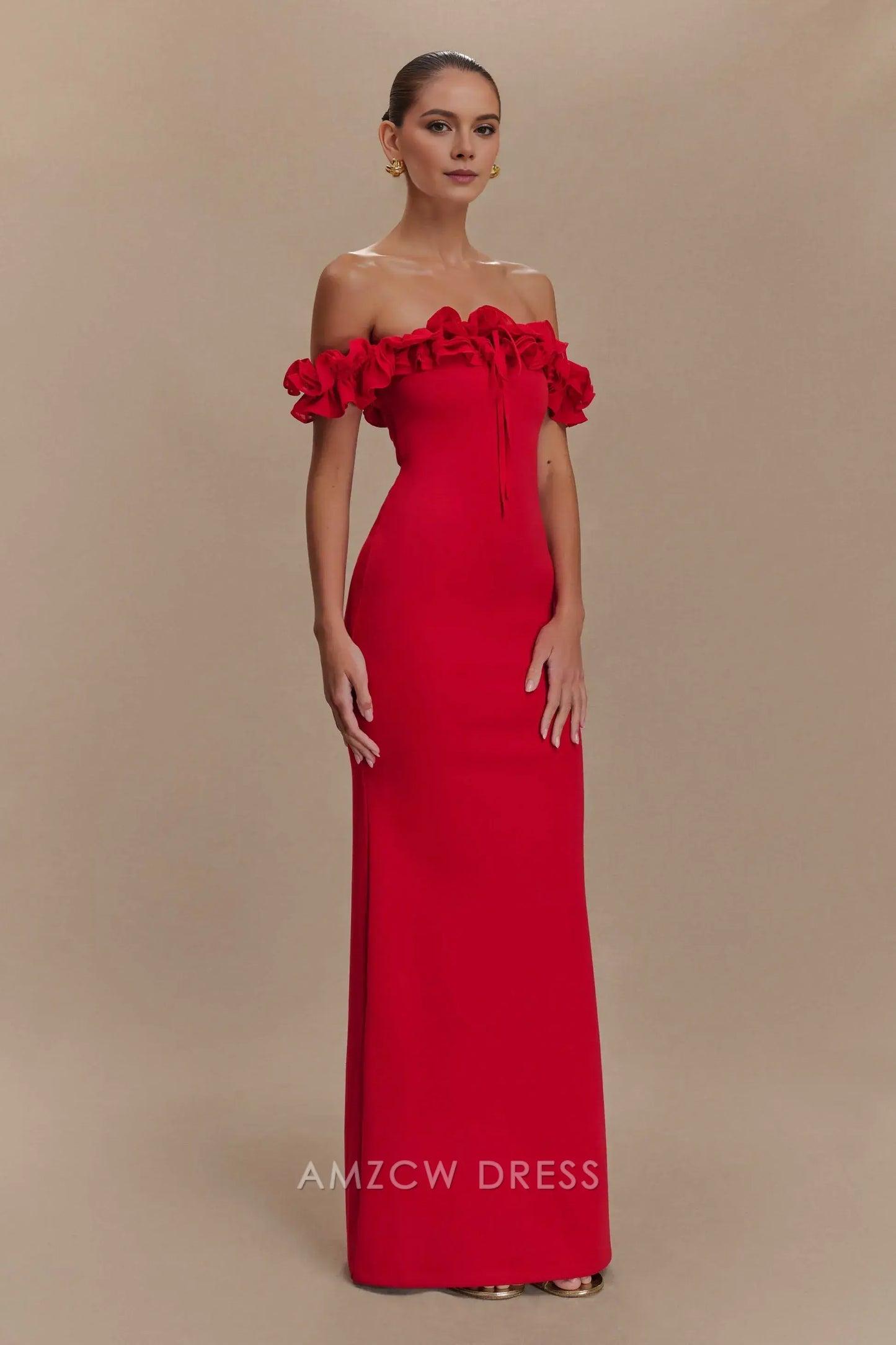 Amzcw Elegant prom clothes Ruffle Off Shoulder Maxi Dress - Ruby Floor Length formal hot sale for women