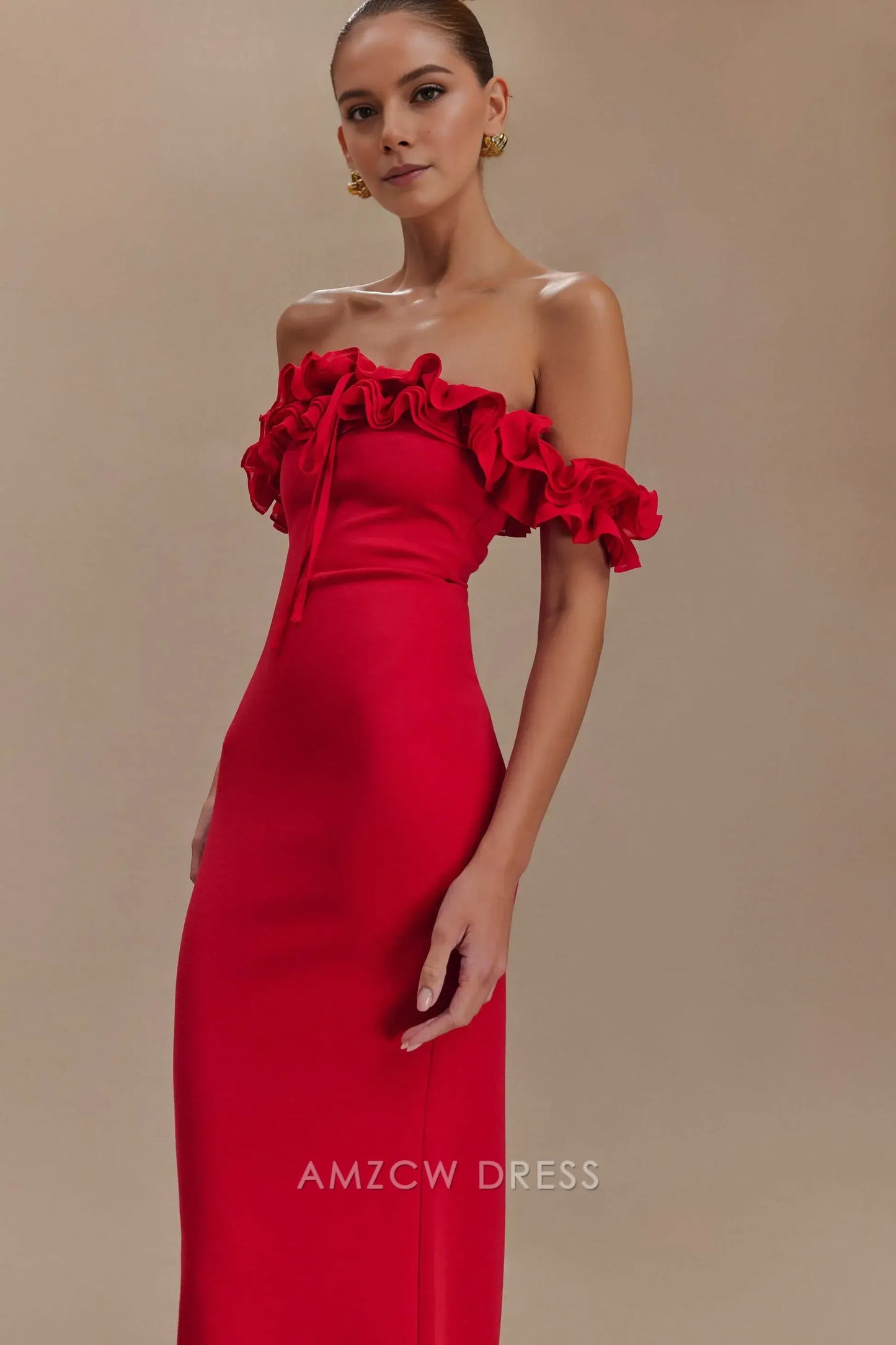 Amzcw Elegant prom clothes Ruffle Off Shoulder Maxi Dress - Ruby Floor Length formal hot sale for women