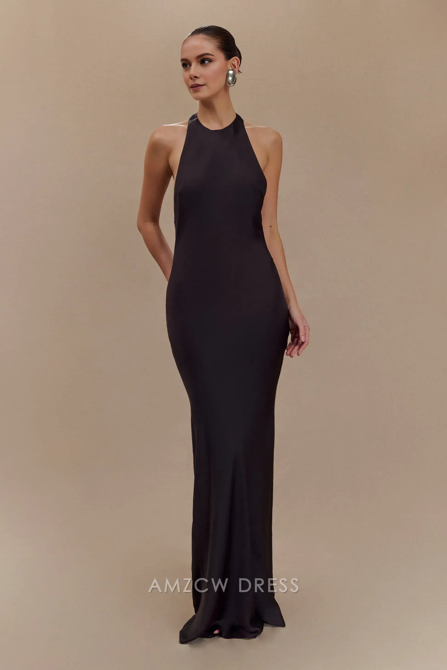 Amzcw Elegant prom clothes Satin Halter Maxi Dress - Black Floor Length formal hot sale for women